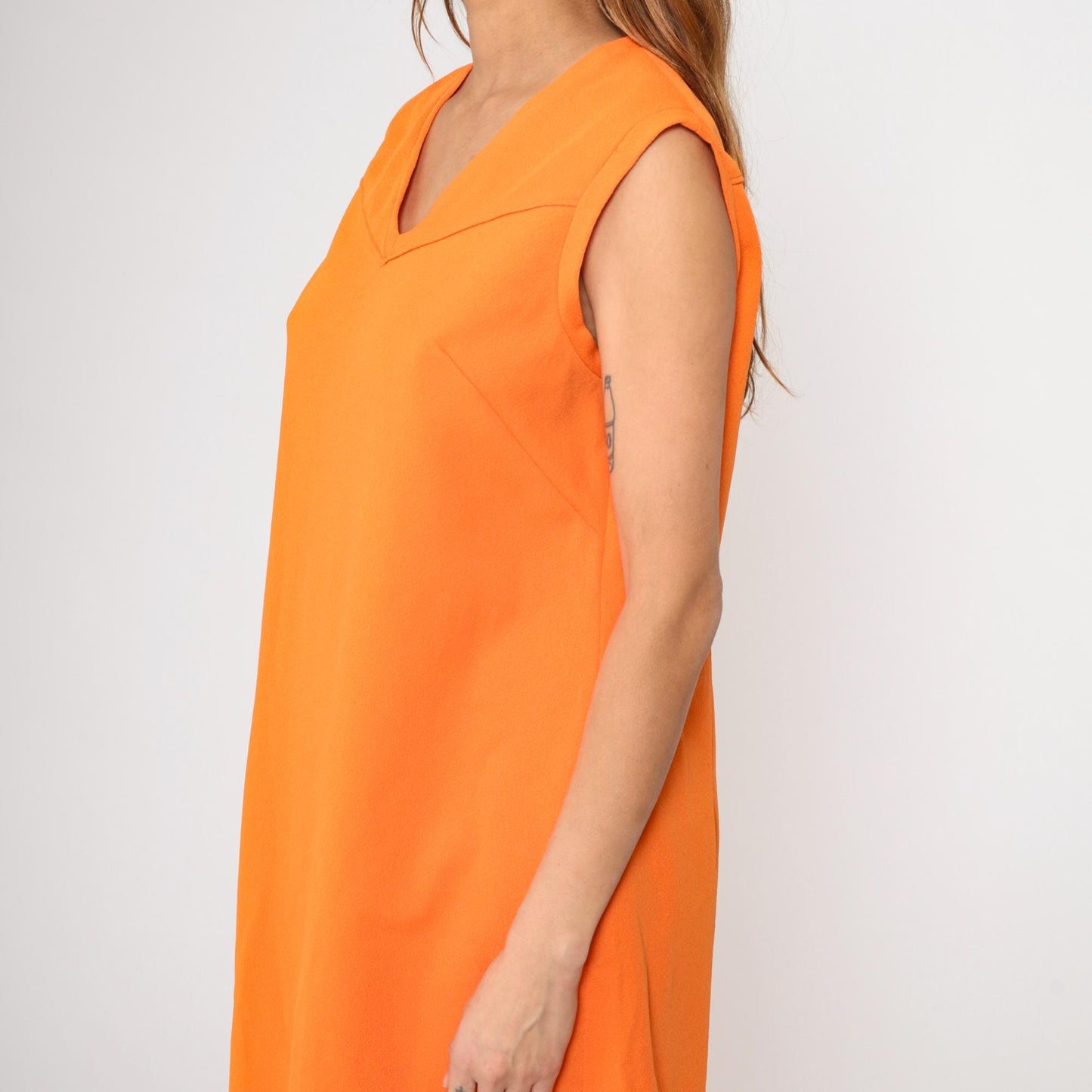 60s Orange Mod Shift Dress V Neck Sleeveless Mini Vintage Medium Large