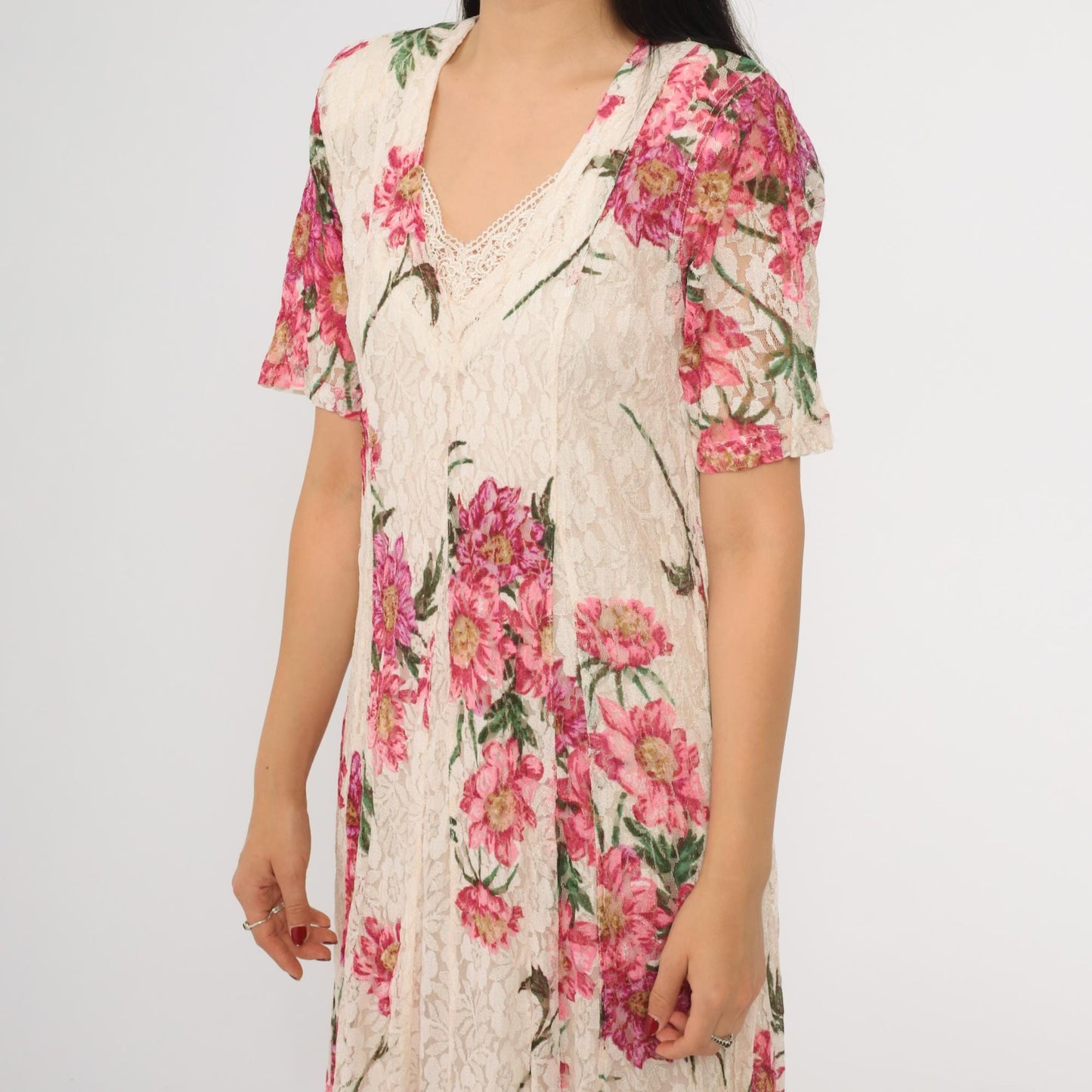 90s Nostalgia Ivory Lace Maxi Dress Pink Floral V-Neck Short Sleeve Small S