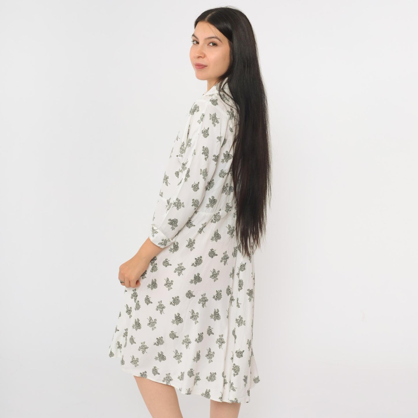 90s White Floral Button-Up Shirtdress Knee Length 3/4 Sleeve Small