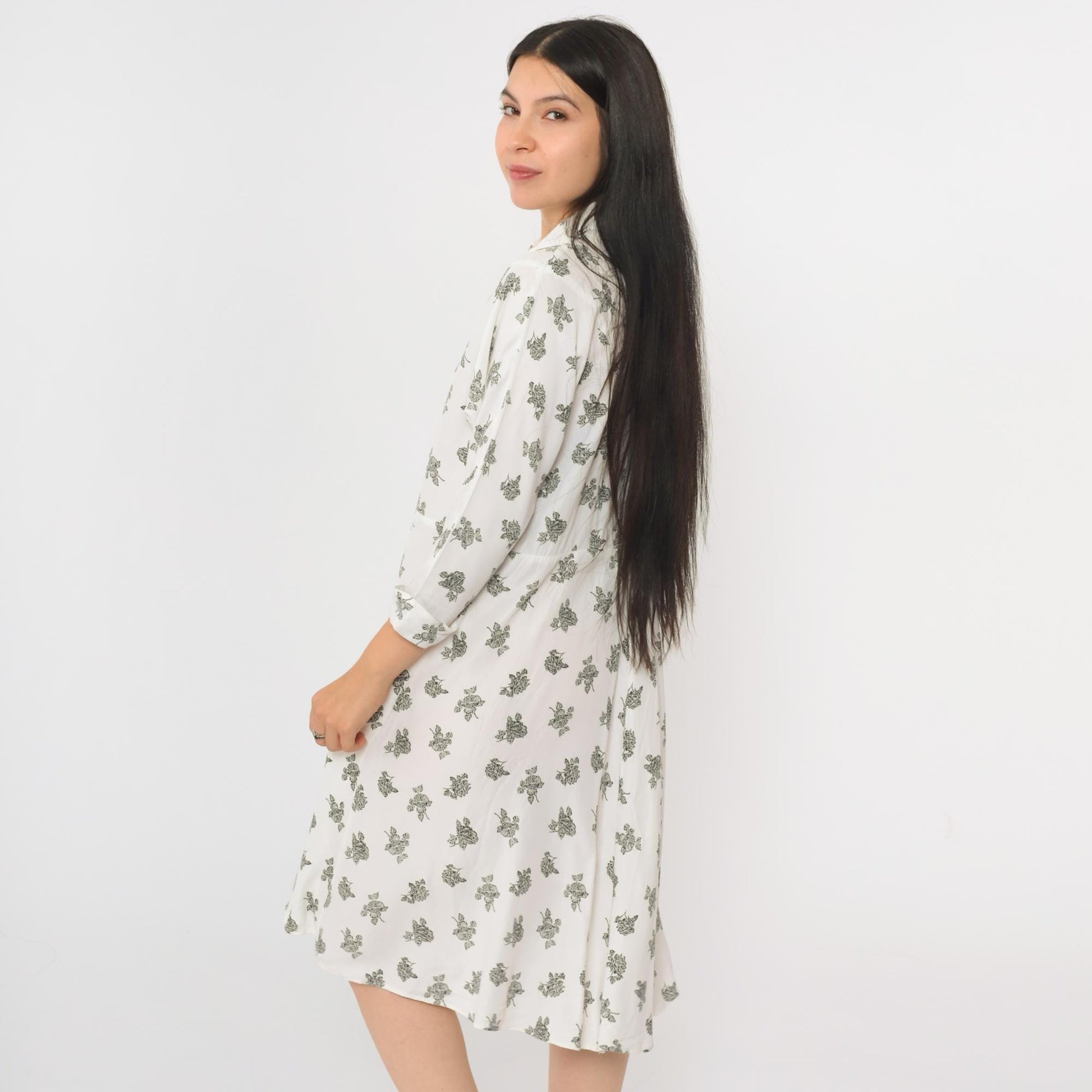 90s White Floral Button-Up Shirtdress Knee Length 3/4 Sleeve Small