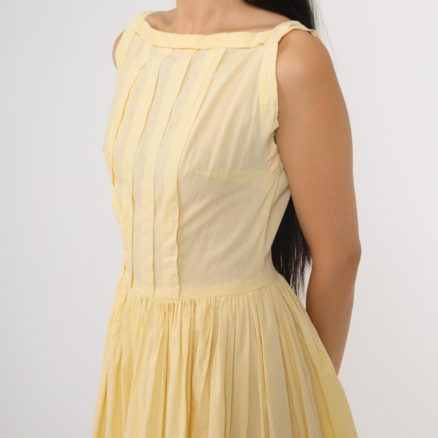 60s Yellow Boatneck Midi Dress Pleated Full Skirt Sleeveless Extra Small