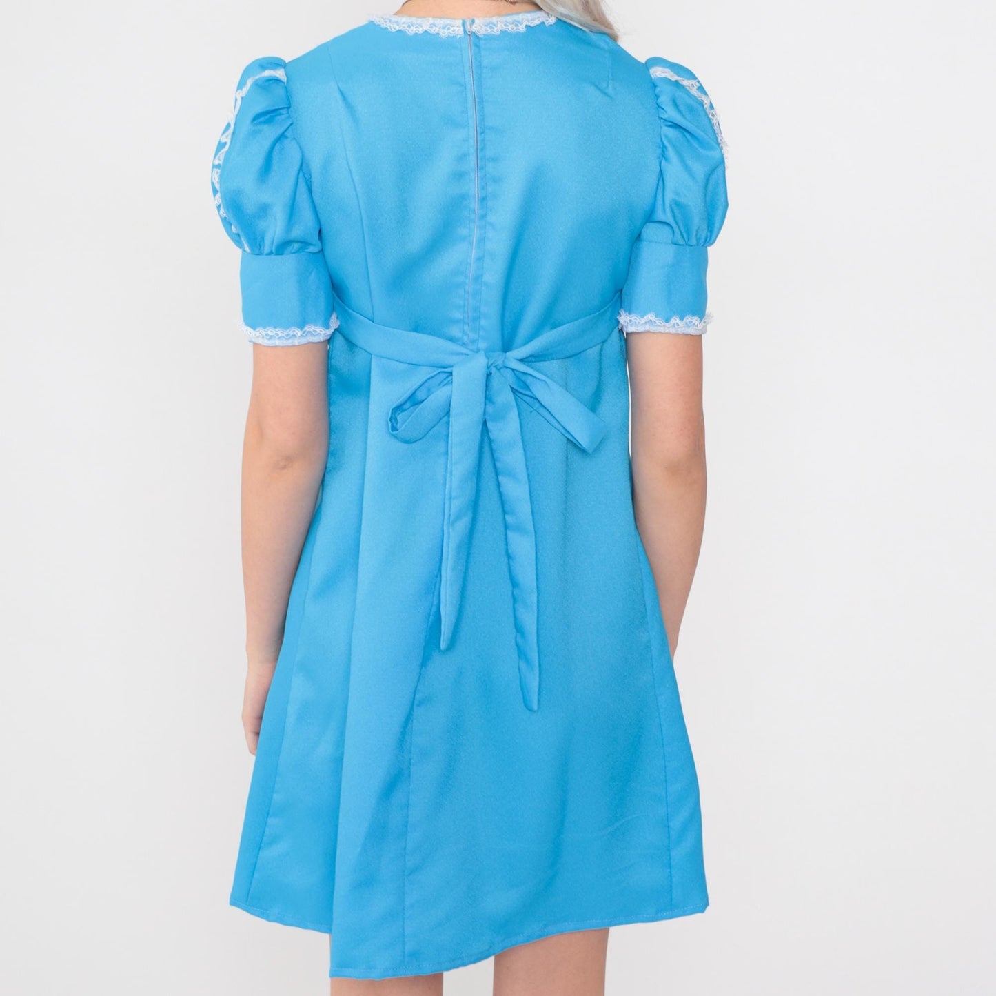 60s Babydoll Mini Dress Puff Sleeve Blue Lace Trim Empire Waist Small
