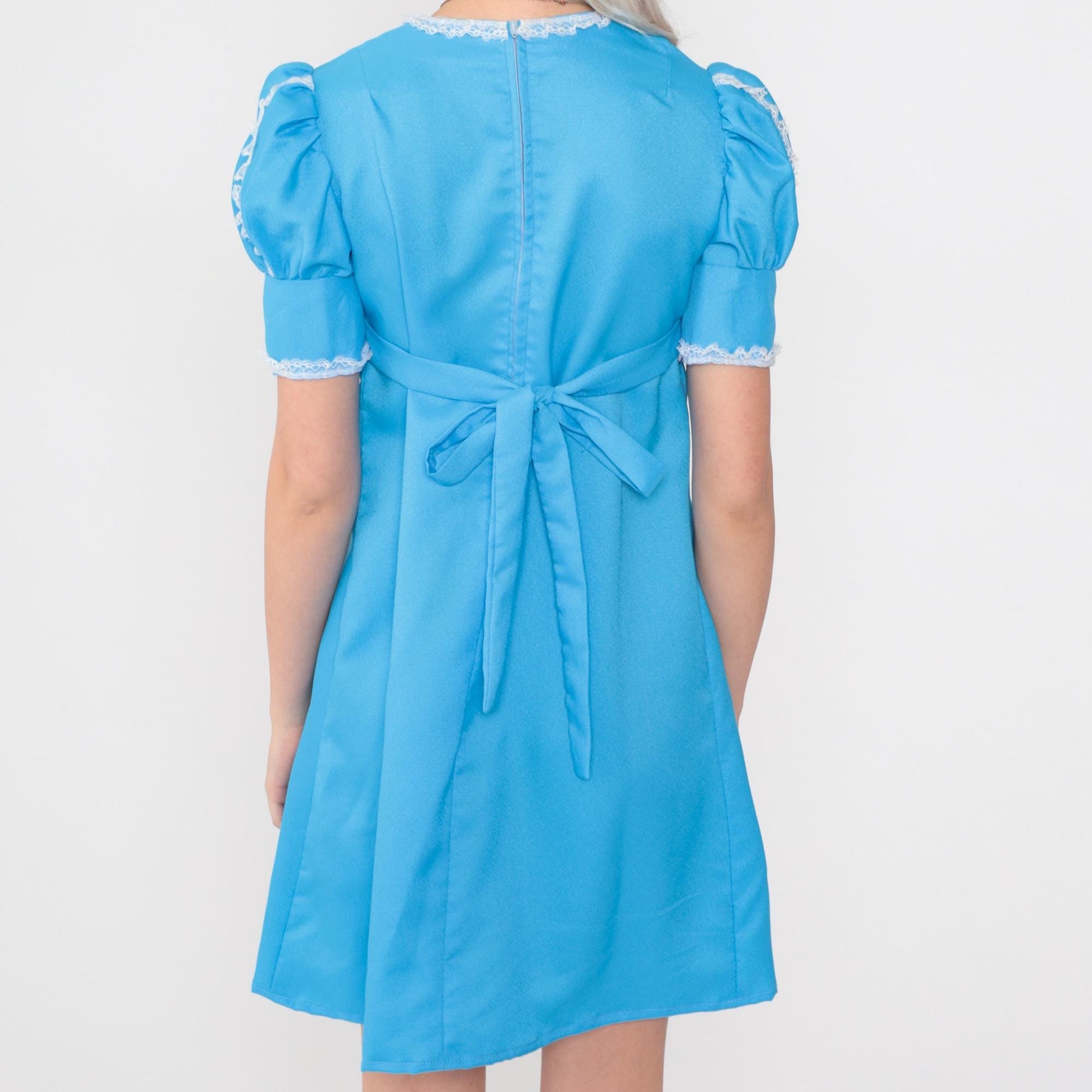 60s Babydoll Mini Dress Puff Sleeve Blue Lace Trim Empire Waist Small