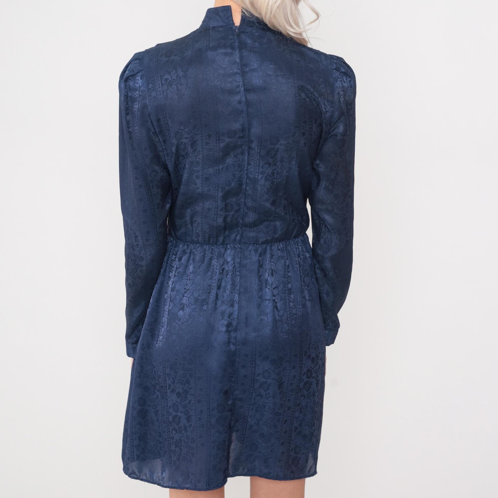 80s Navy Floral Jacquard Mini Dress Mock Neck Puff Sleeve High Waist Small