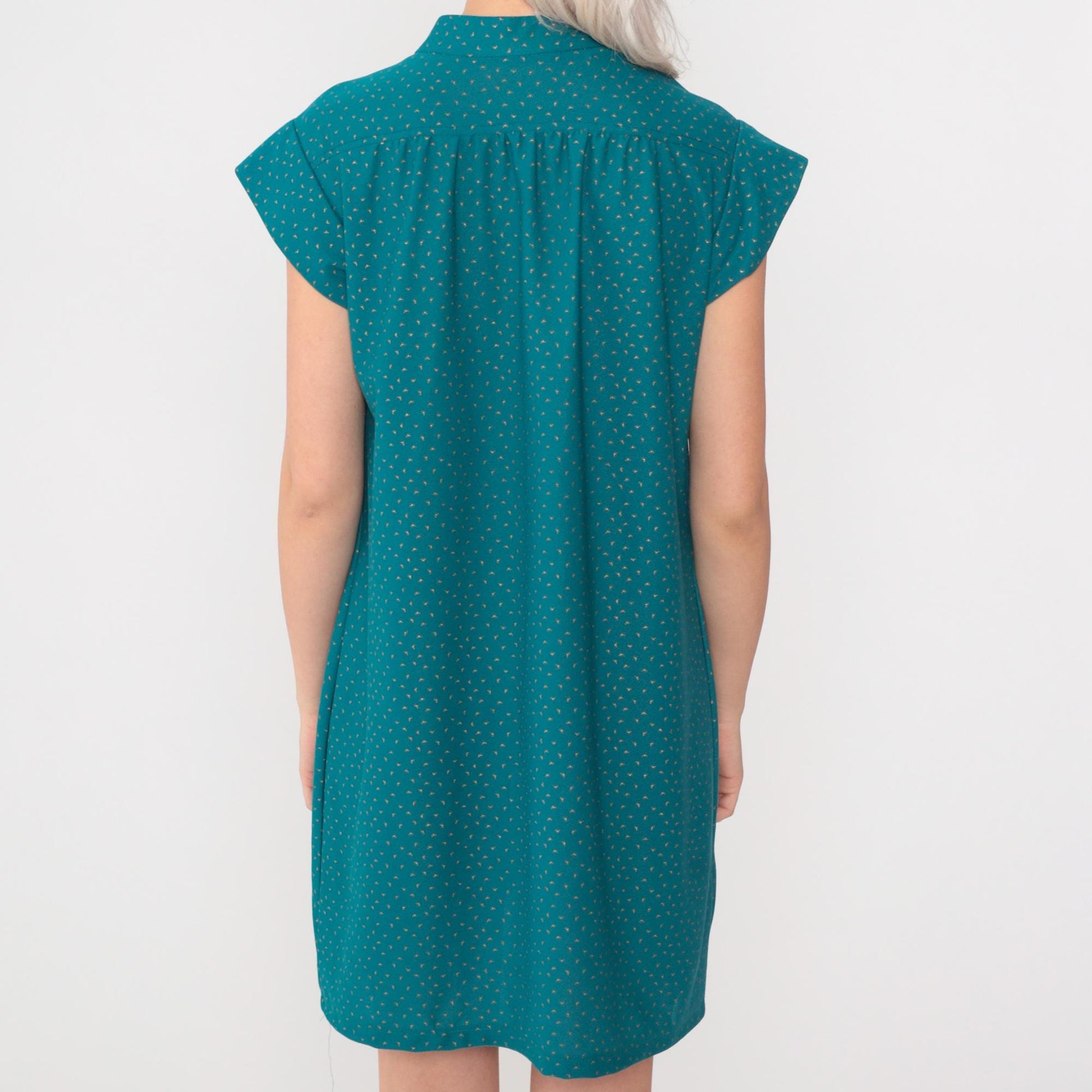 80s Teal Gold Confetti Dot Mini Shift Dress Cap Sleeve V-Neck Medium