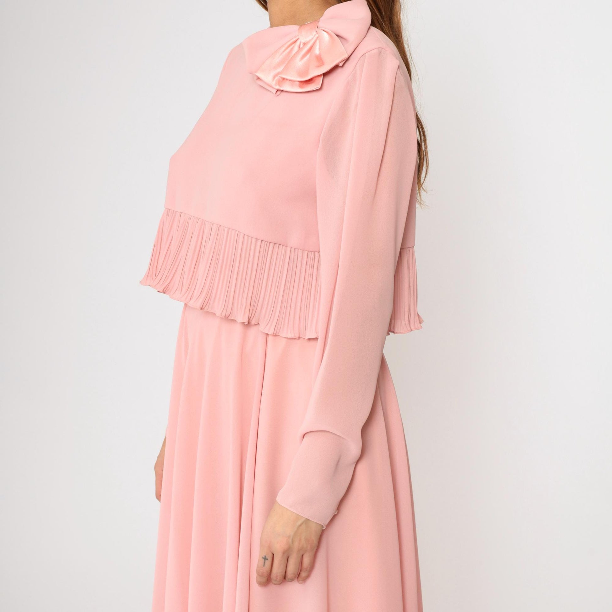 80s Ursula of Switzerland Pink Chiffon Midi Dress Puff Sleeve Bow Medium