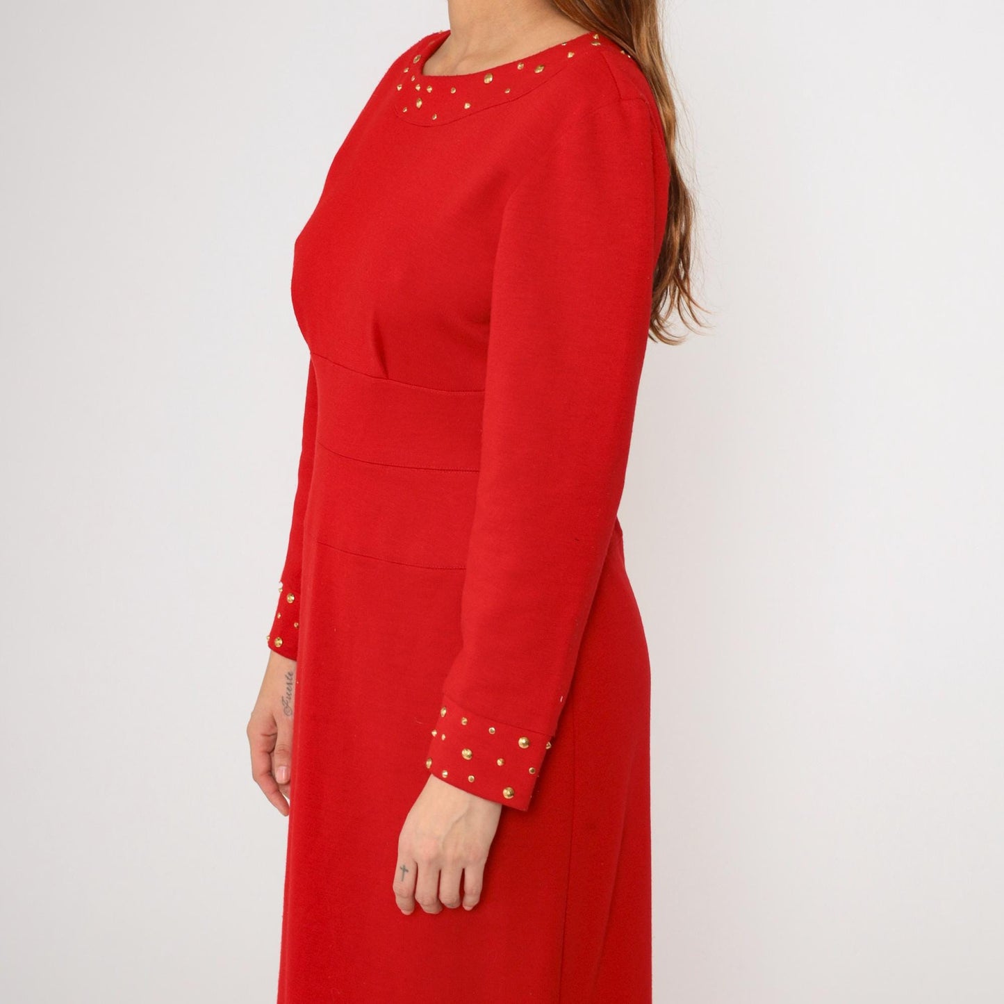 80s Nicole Studio Red Studded Knit Dress Gold Trim Pencil High Waist Medium