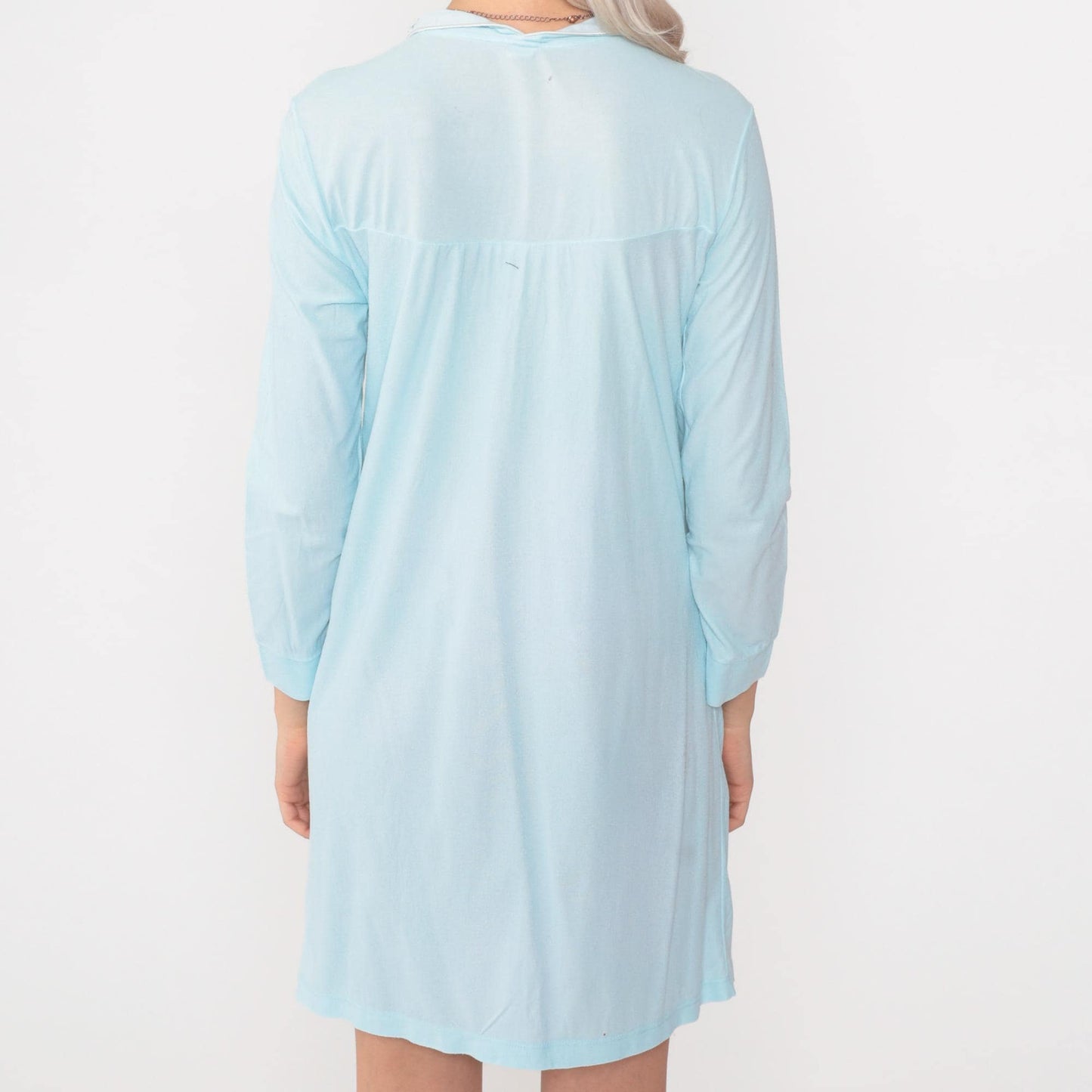 70s Baby Blue Embroidered Floral Pajama Dress Nylon Nightgown Mini Small