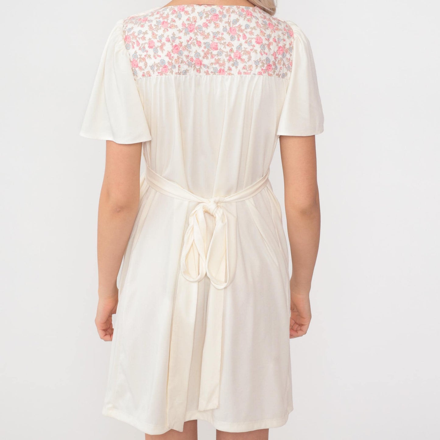 70s White Floral Peasant Mini Dress Flutter Sleeve High Waist Small S