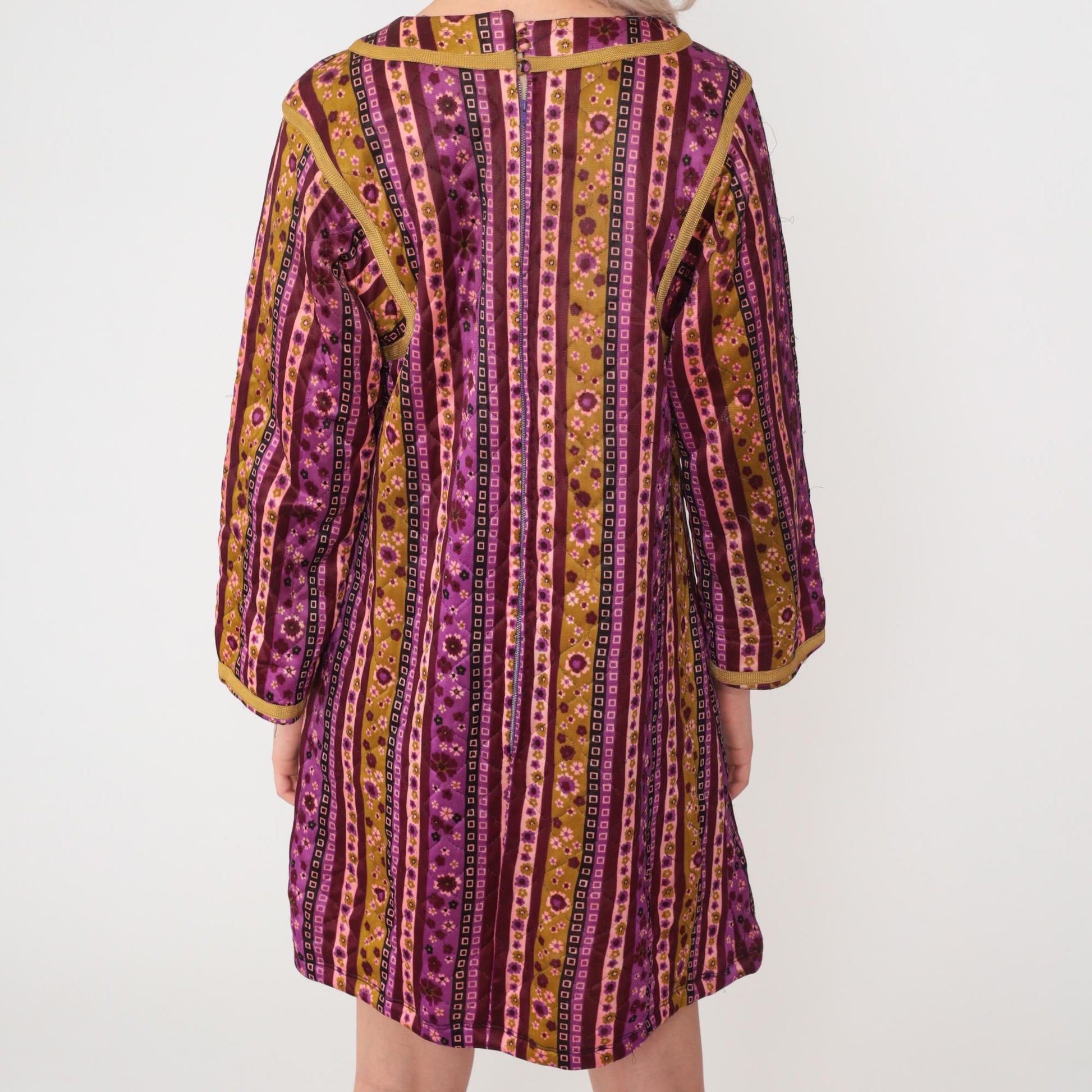 70s Quilted Floral Shift Dress Purple Mustard Striped Mini Small S
