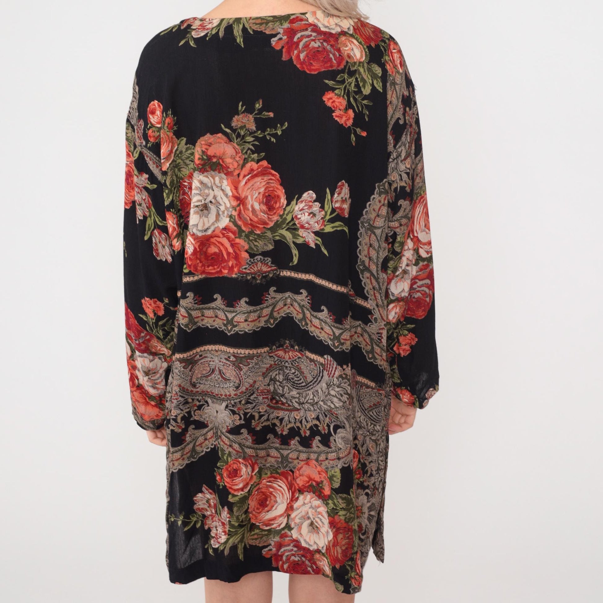 90s Frankly Feminine Floral Mini Dress Black Button-Up Shirtdress Medium