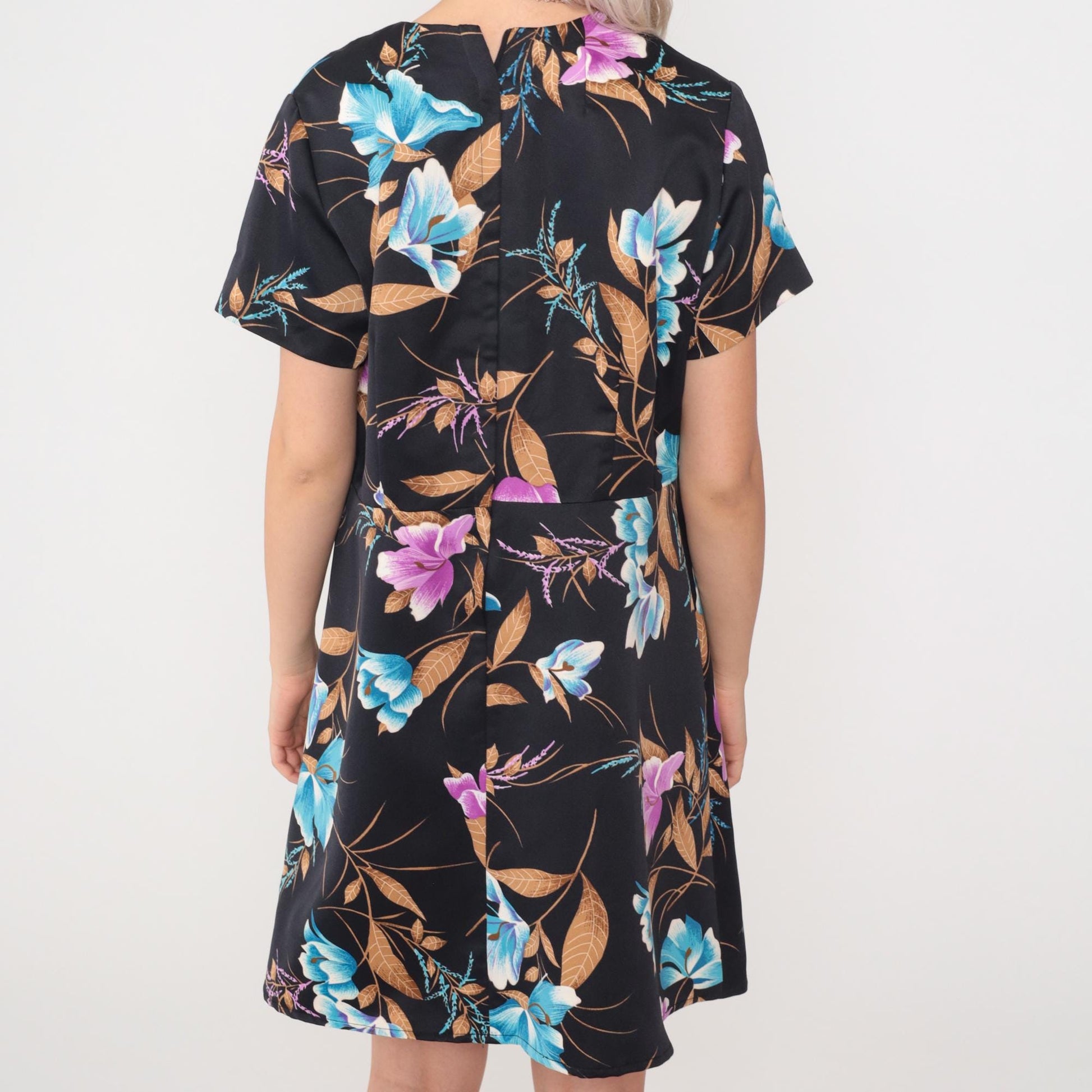 70s Tropical Floral Babydoll Dress Black Empire Waist Mini Scoop Neck Large