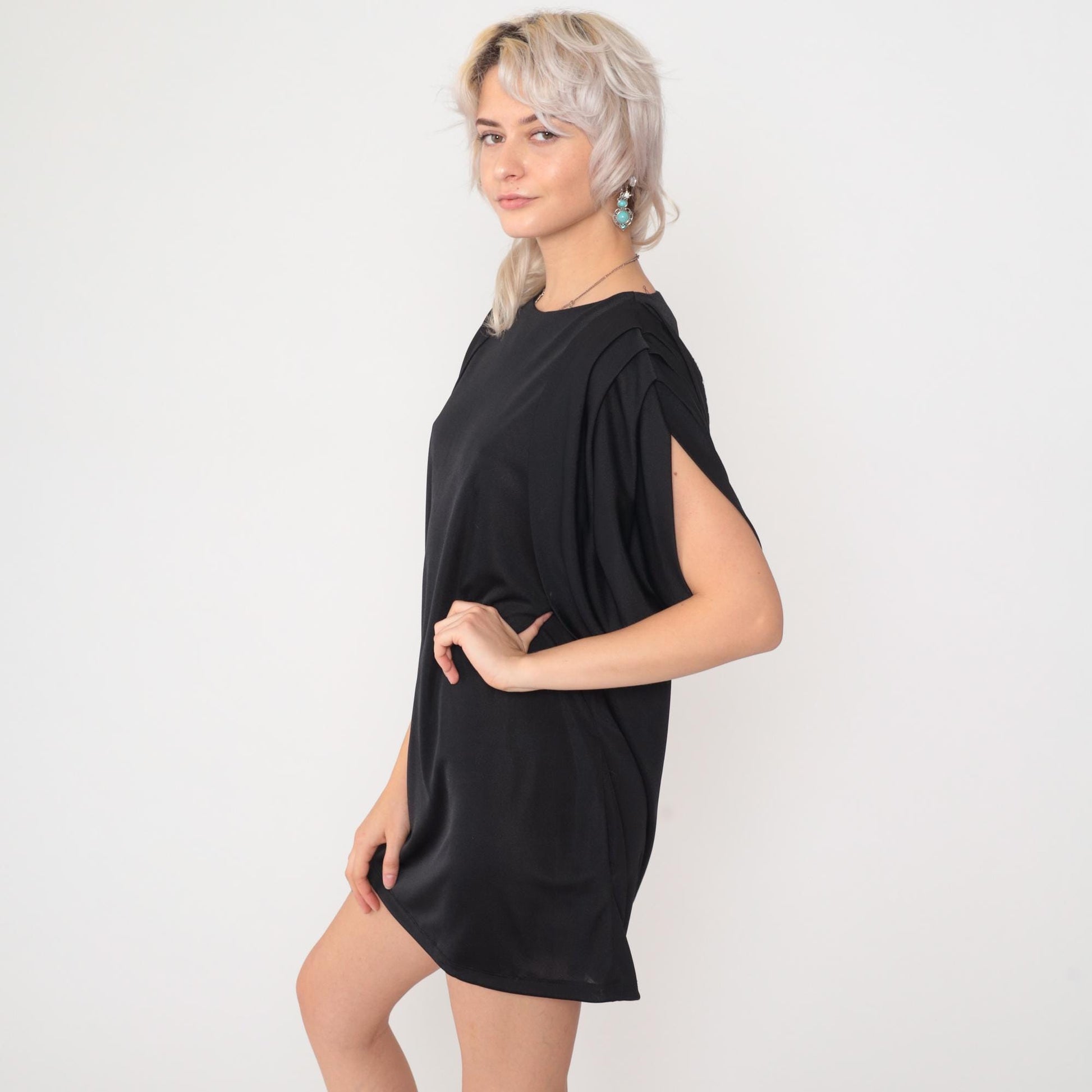 80s Patra Black Mini Shift Dress Cap Sleeve Keyhole Back Medium M