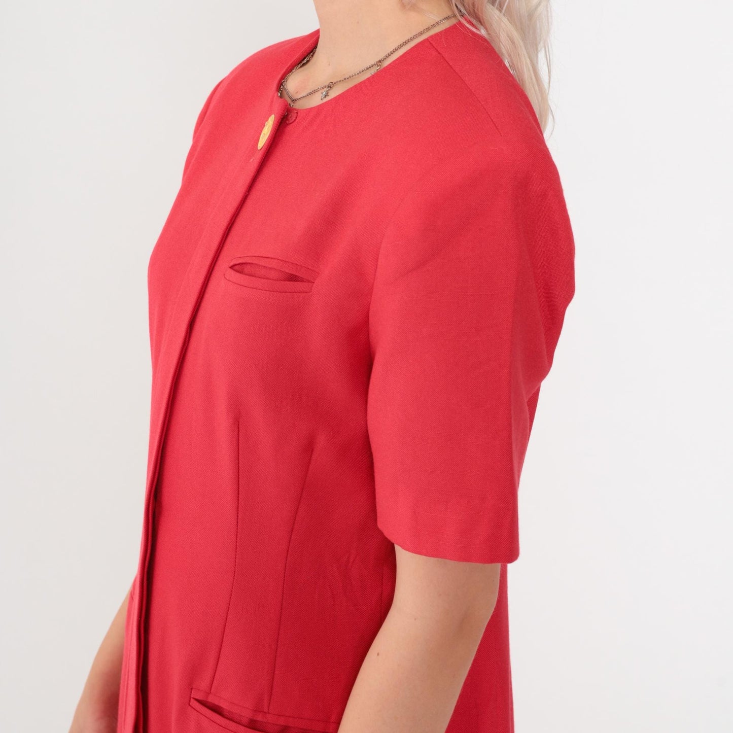 90s Kasper Red Button-Up Shirtdress Knee Length Short Sleeve Medium Petite