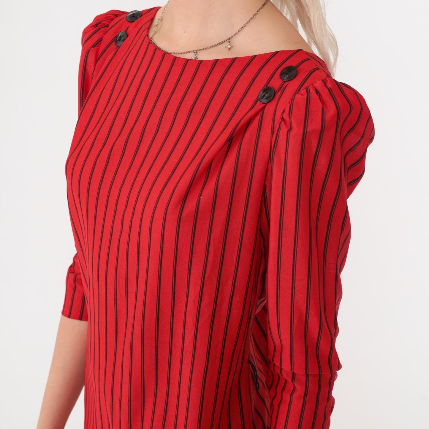 80s Red & Black Striped Mini Dress Puff Sleeve Button Back Small S