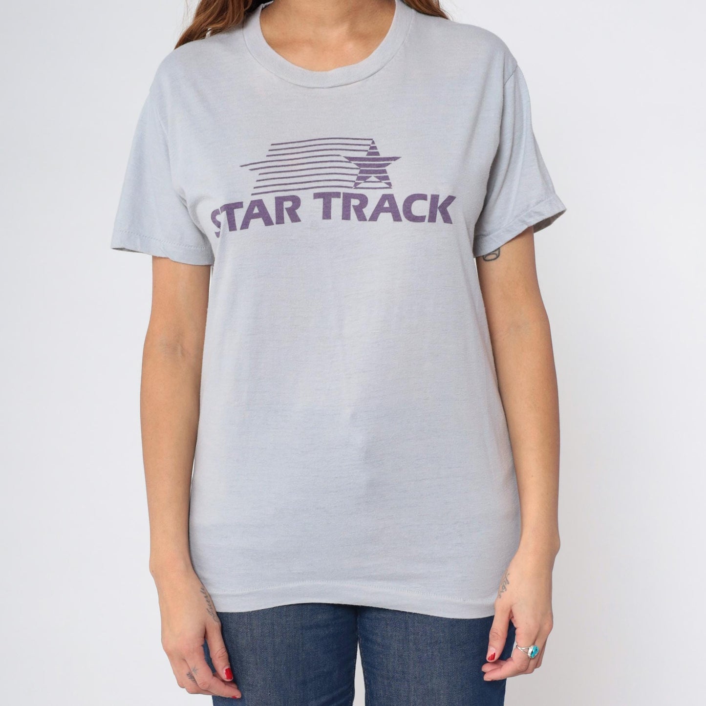 80s Star Track Running Graphic Tee Grey Screen Stars Small Medium