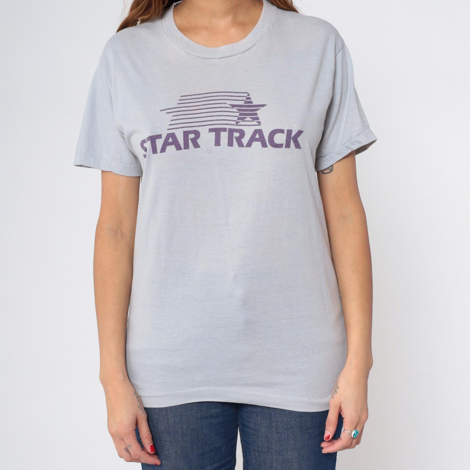 80s Star Track Running Graphic Tee Grey Screen Stars Small Medium