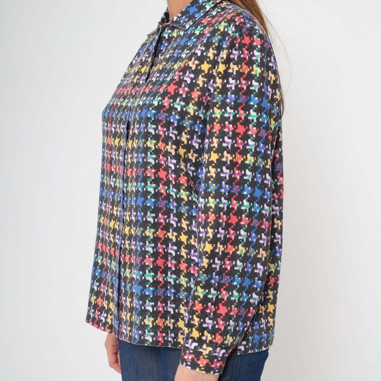 80s Rainbow Plaid Button-Up Blouse Black Checkered Long Sleeve Collared Large L