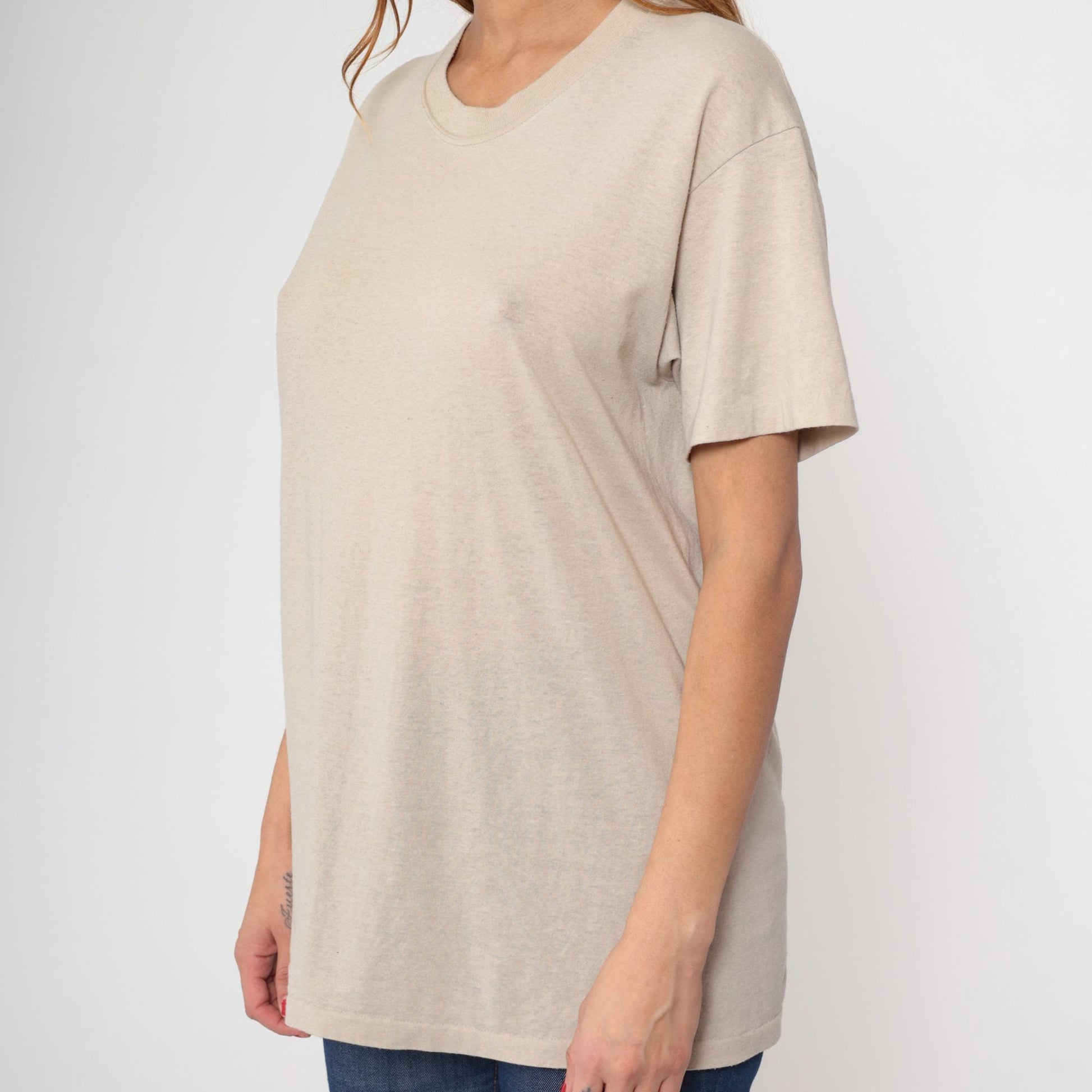 80s Plain Taupe Crewneck T-Shirt Single Stitch Duke Athletic Large L