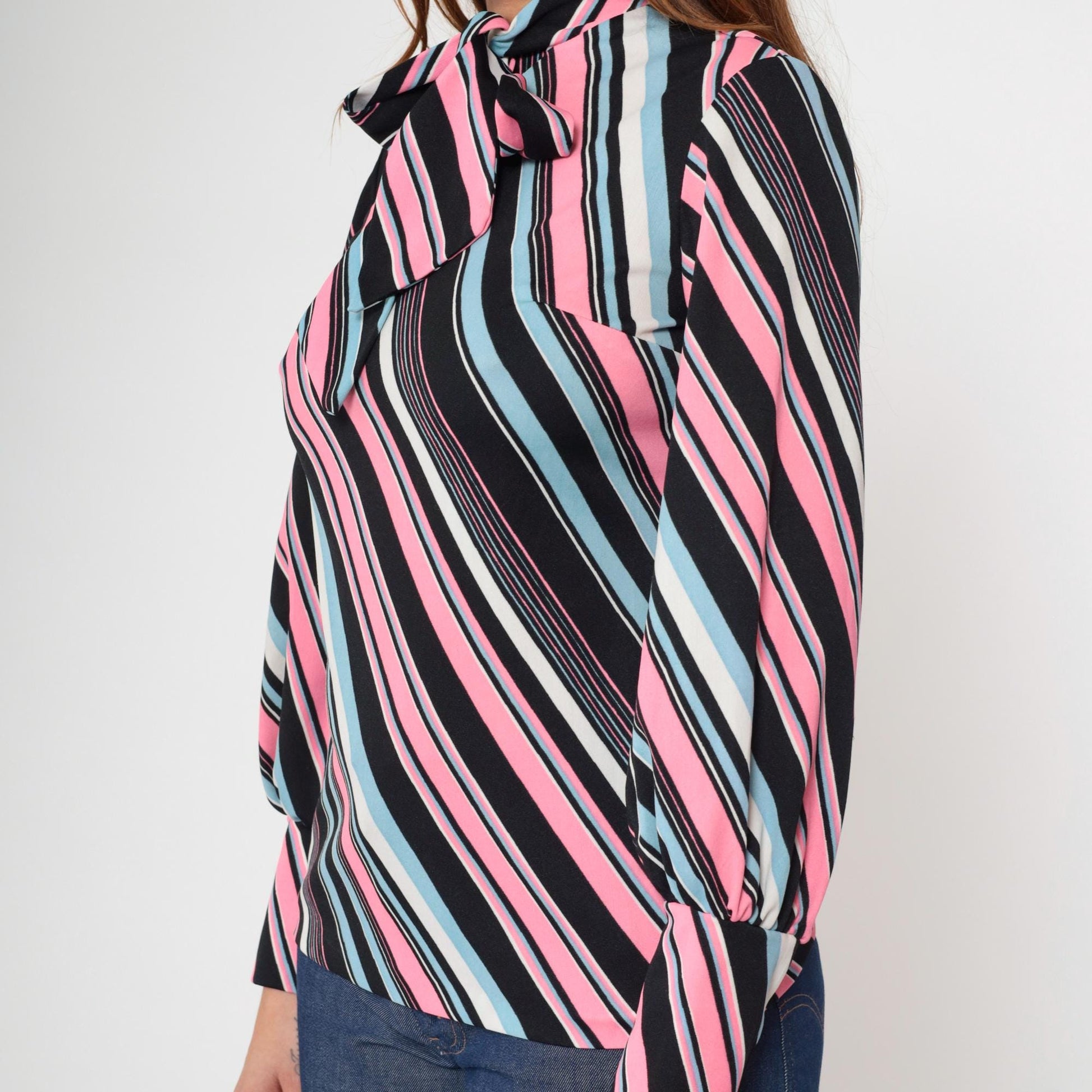 70s The Islander Striped Ascot Blouse Pink Blue Black Long Sleeve Small