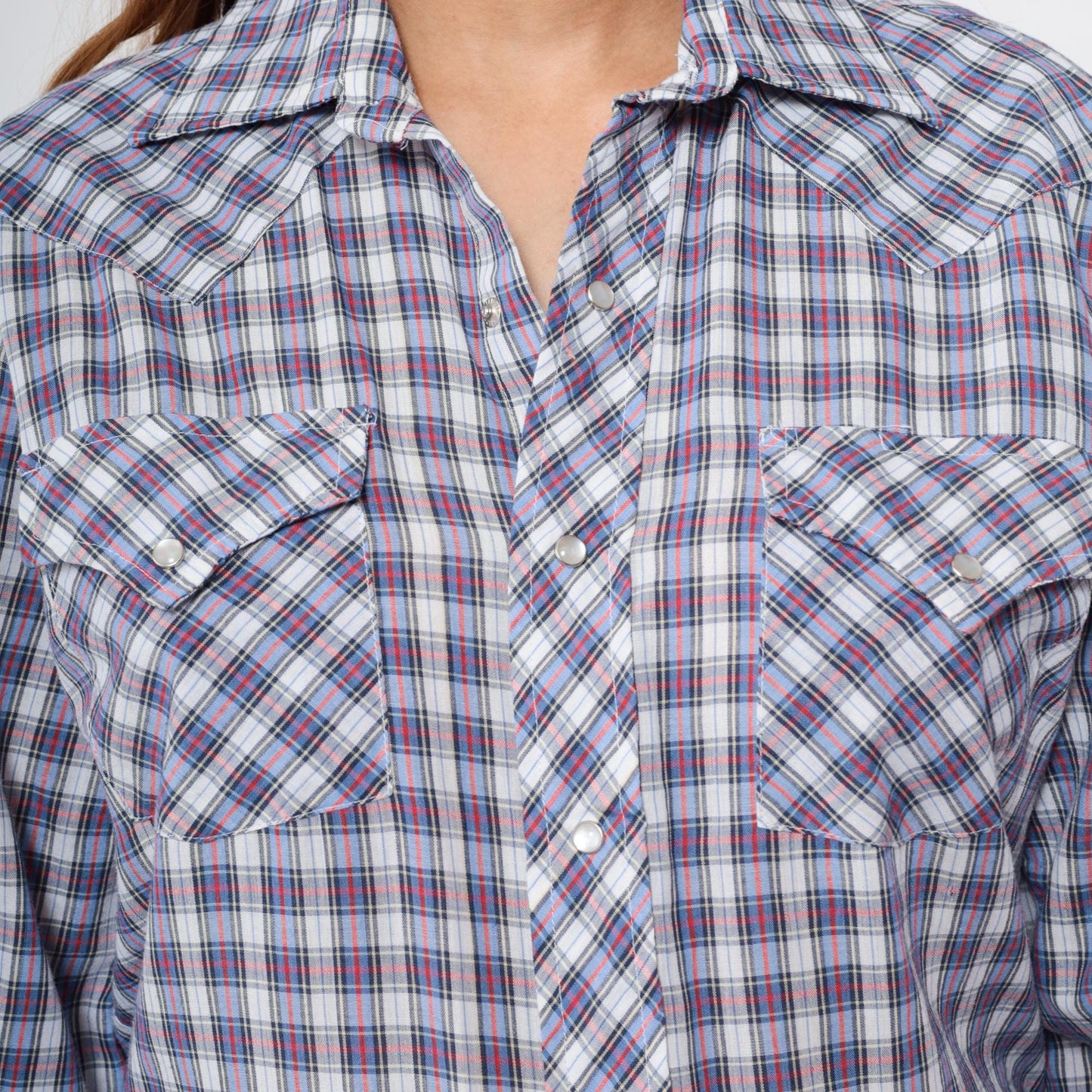 70s Sears Western Wear Plaid Pearl Snap Shirt Blue Red Checkered Men's Medium
