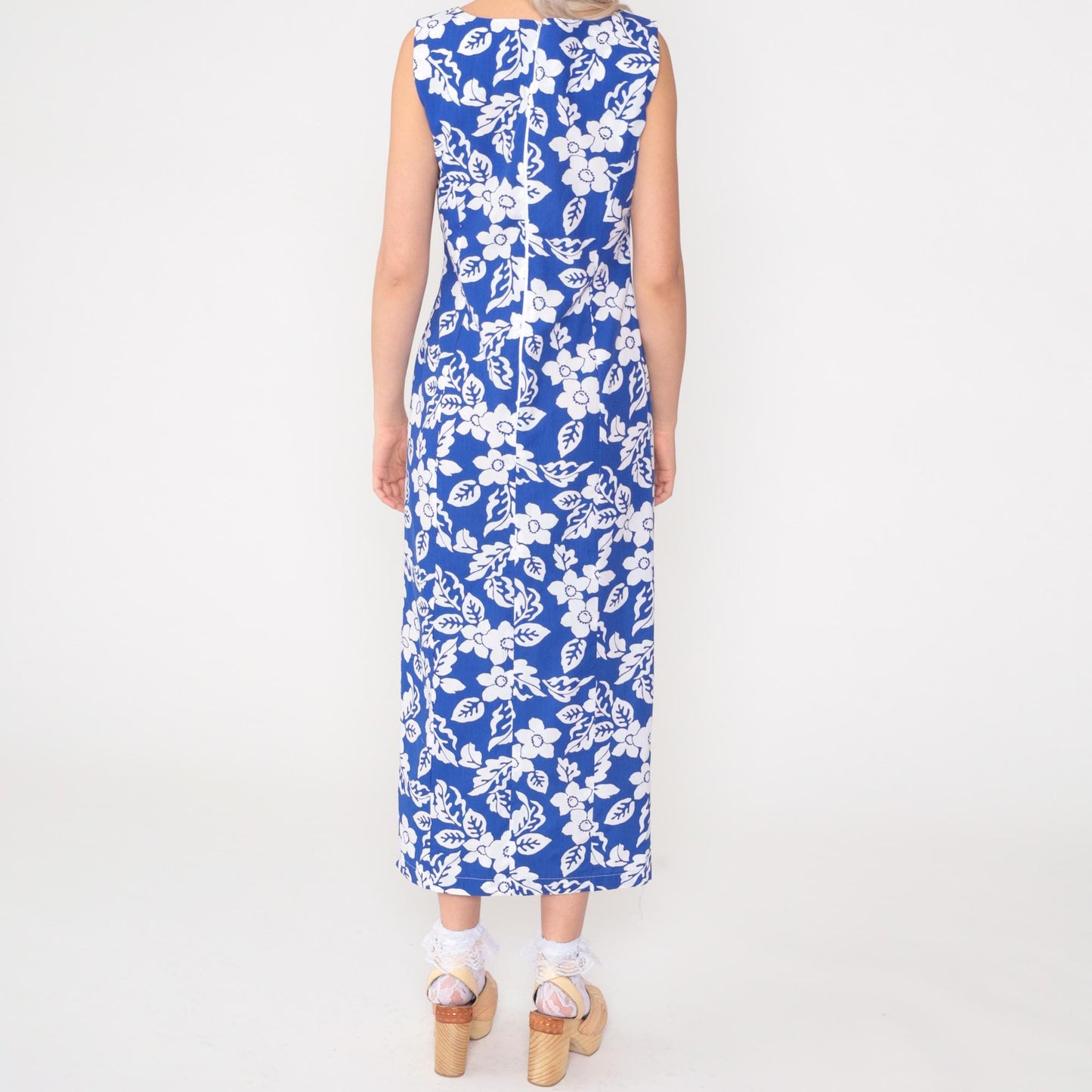 90s Blue Floral Sleeveless Sundress Ankle Length Front Slit Small