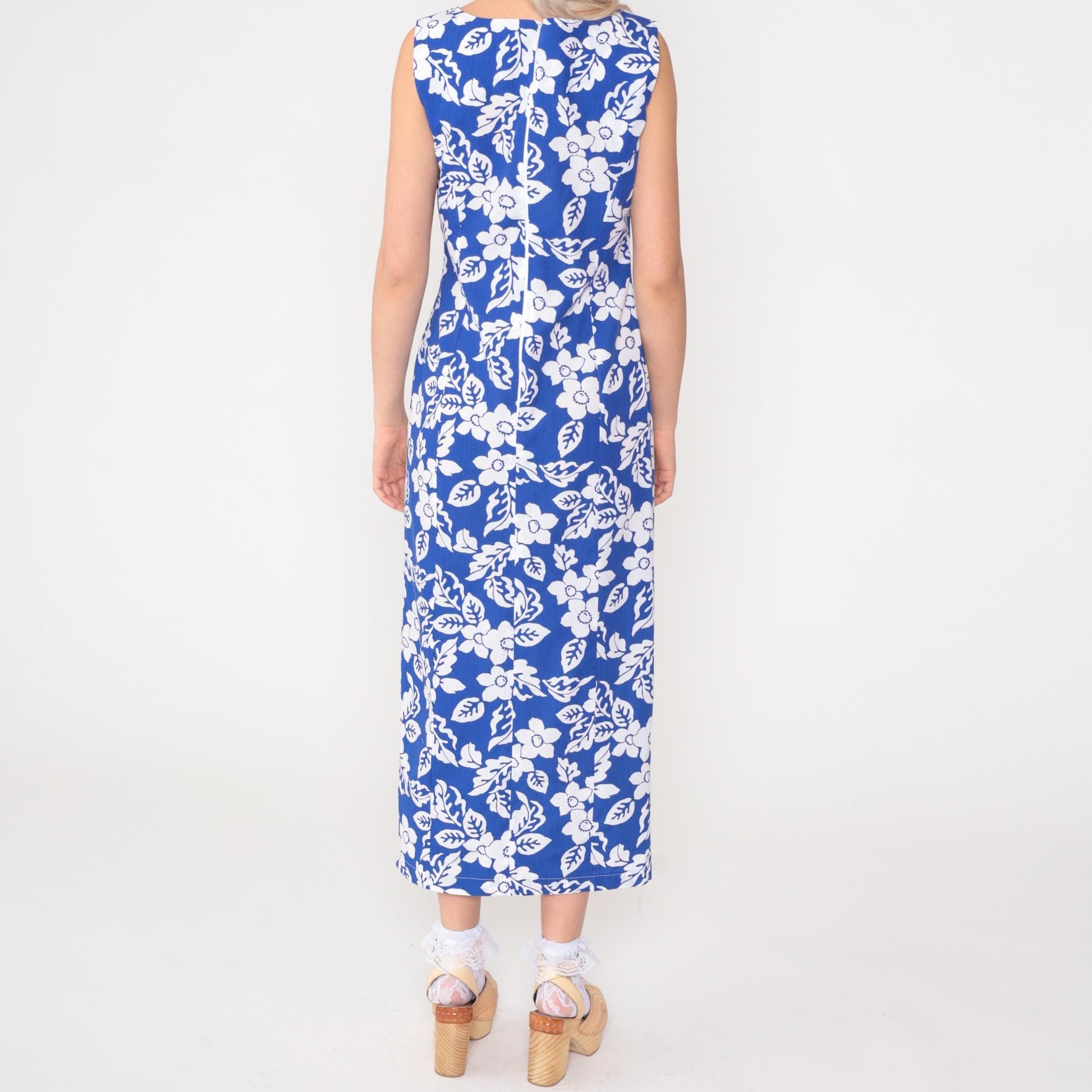 90s Blue Floral Sleeveless Sundress Ankle Length Front Slit Small