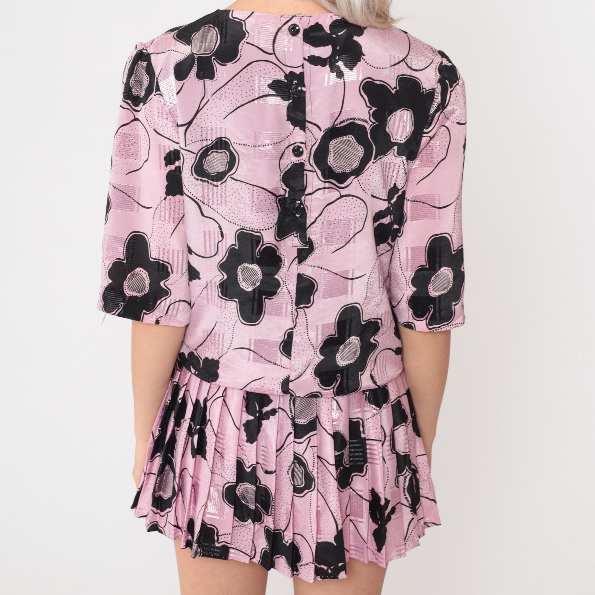 80s Pink Floral Micro Mini Dress Puff Sleeve Drop Waist Petite Small