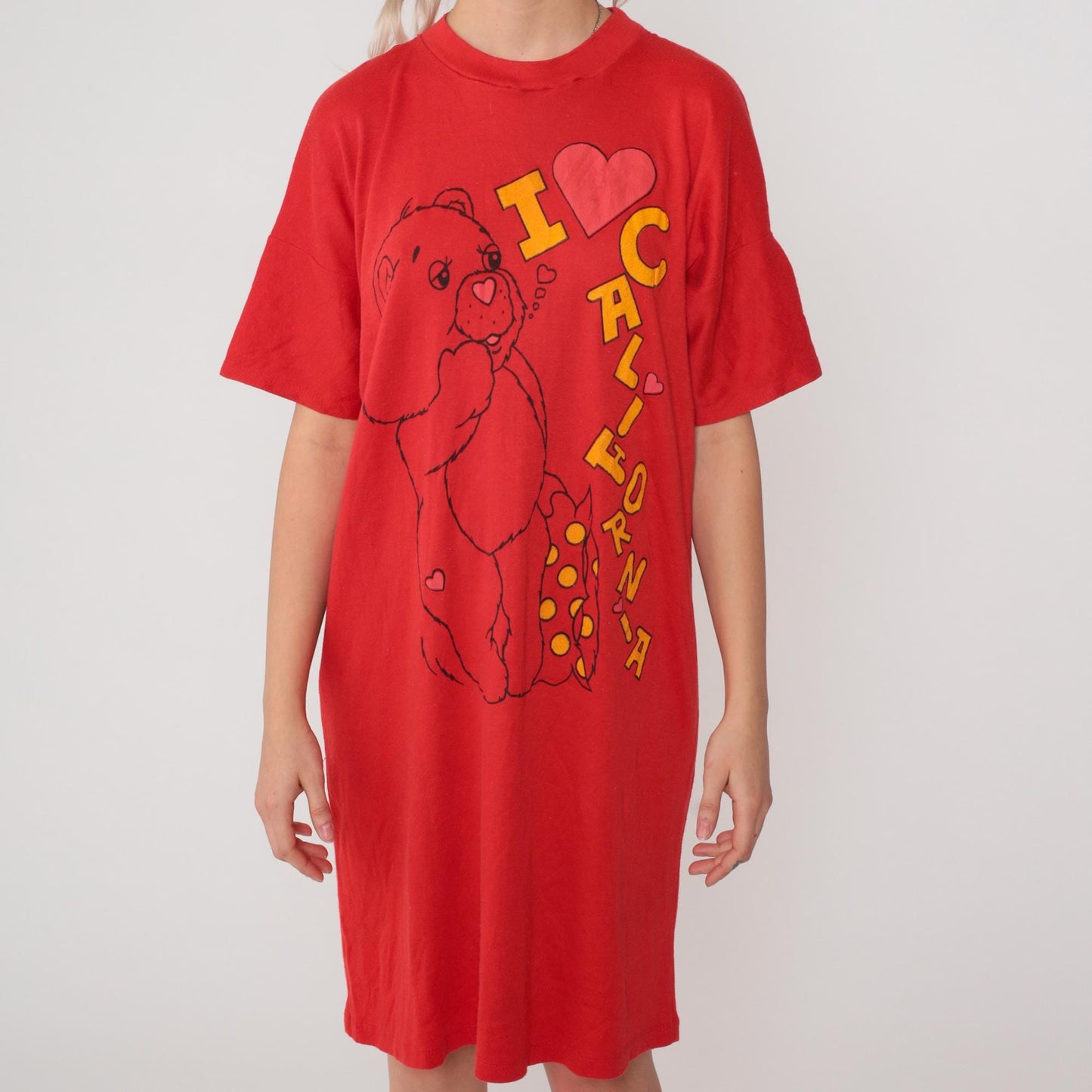 80s Teddy Bear I Heart California T-Shirt Dress Midi Red Graphic Nightgown Medium
