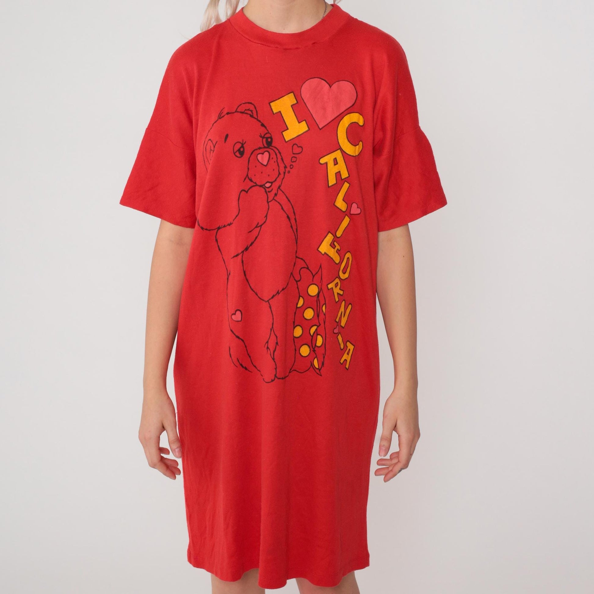 80s Teddy Bear I Heart California T-Shirt Dress Midi Red Graphic Nightgown Medium