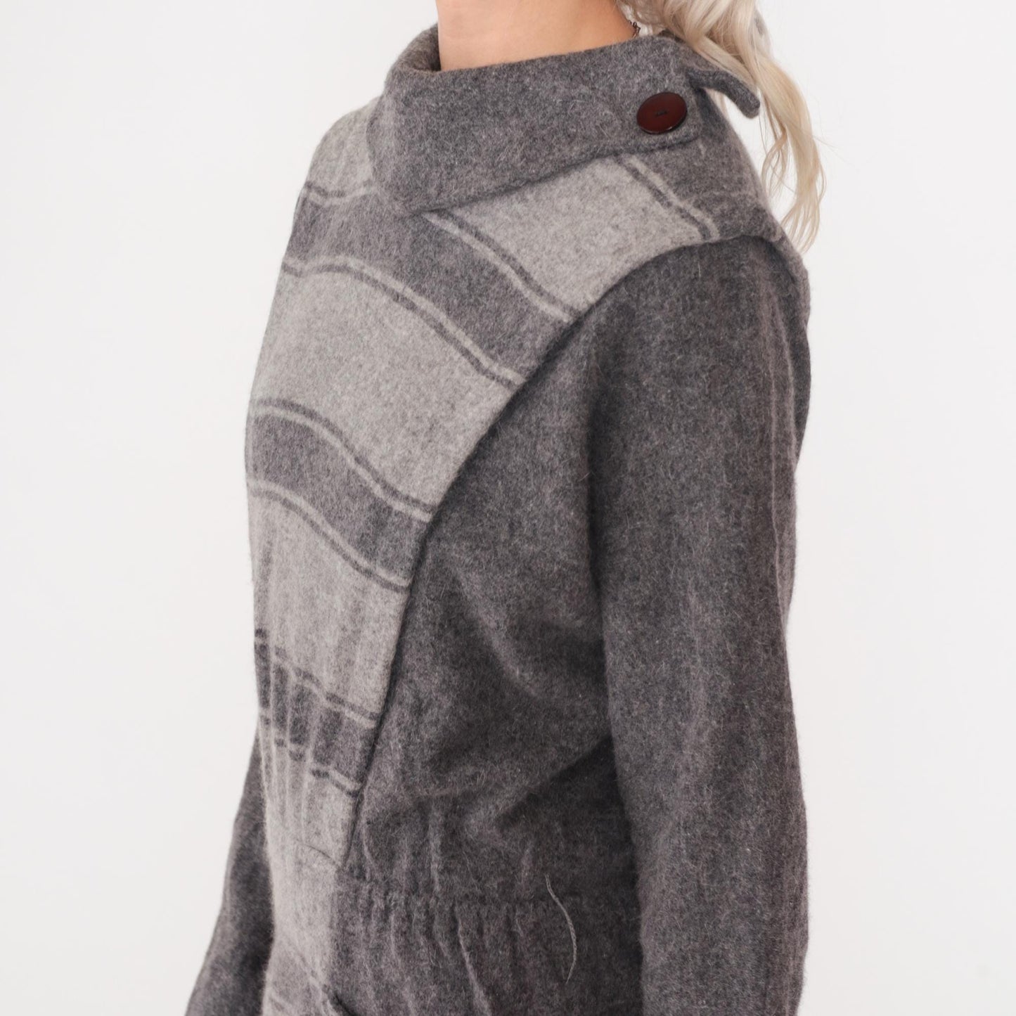 80s Grey Striped Wool Midi Dress Mock Neck Elastic Waist Pockets Small