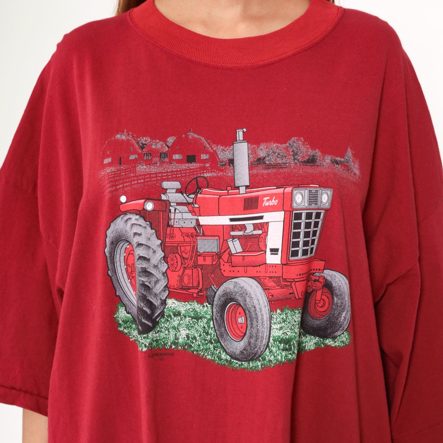 90s Red Tractor Farm Graphic T-Shirt Dress Cotton Crewneck Plus Size XXL