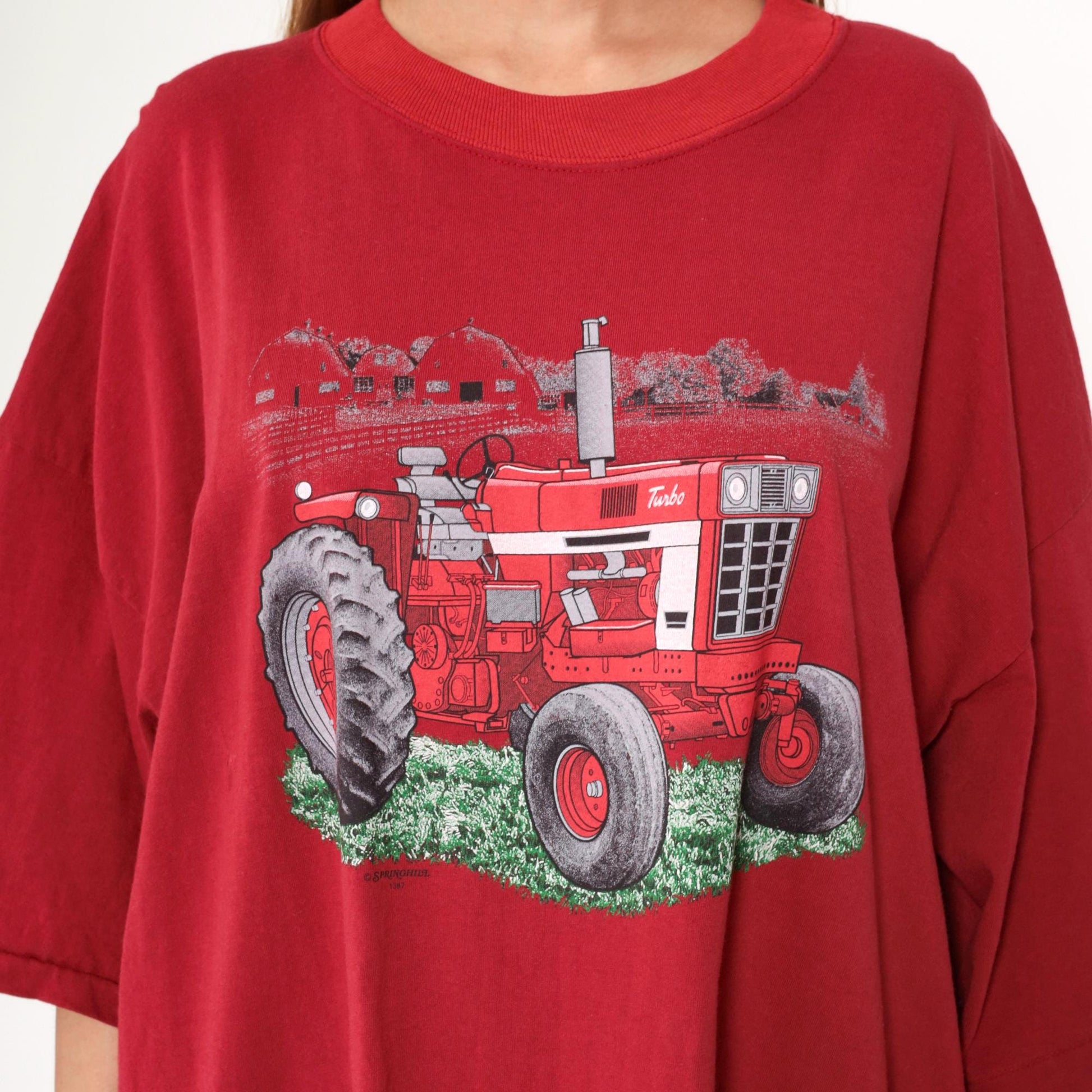 90s Red Tractor Farm Graphic T-Shirt Dress Cotton Crewneck Plus Size XXL