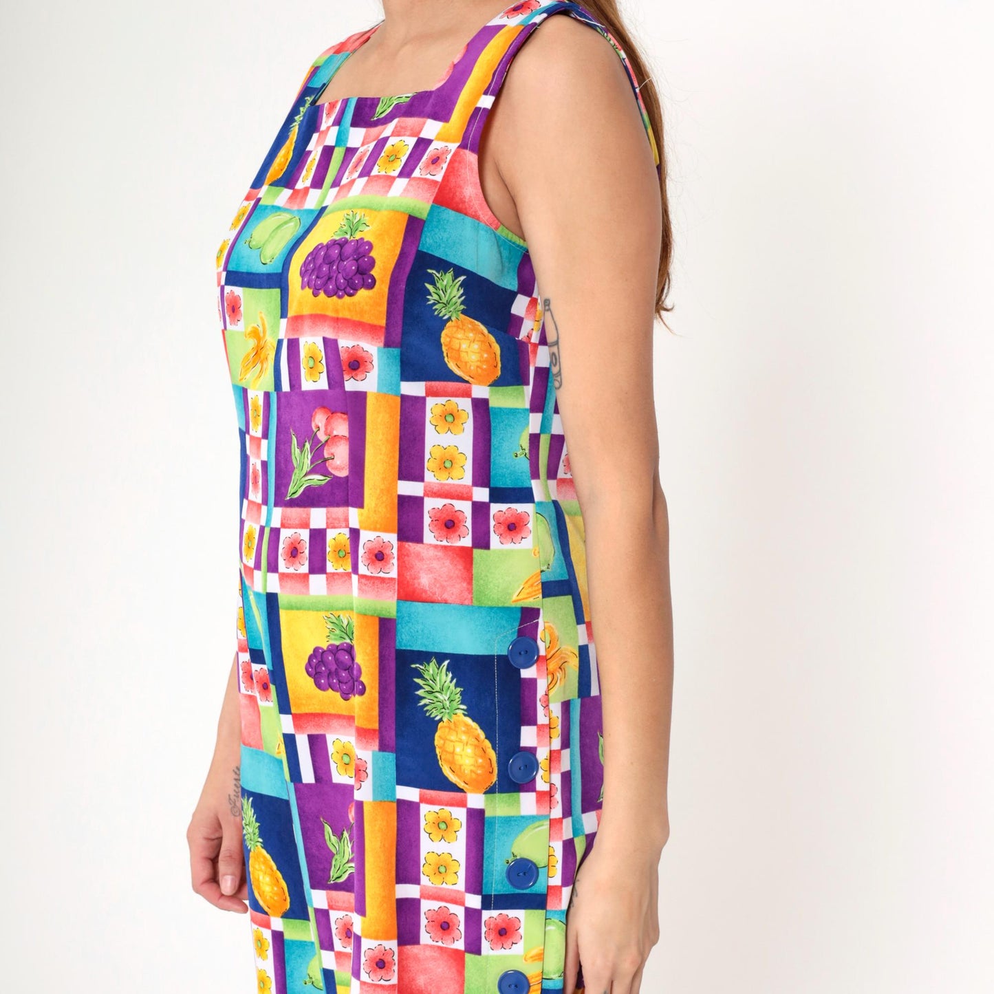 90s Sag Harbor Fruit Floral Mini Dress Sleeveless Square Neck Sheath Medium Petite