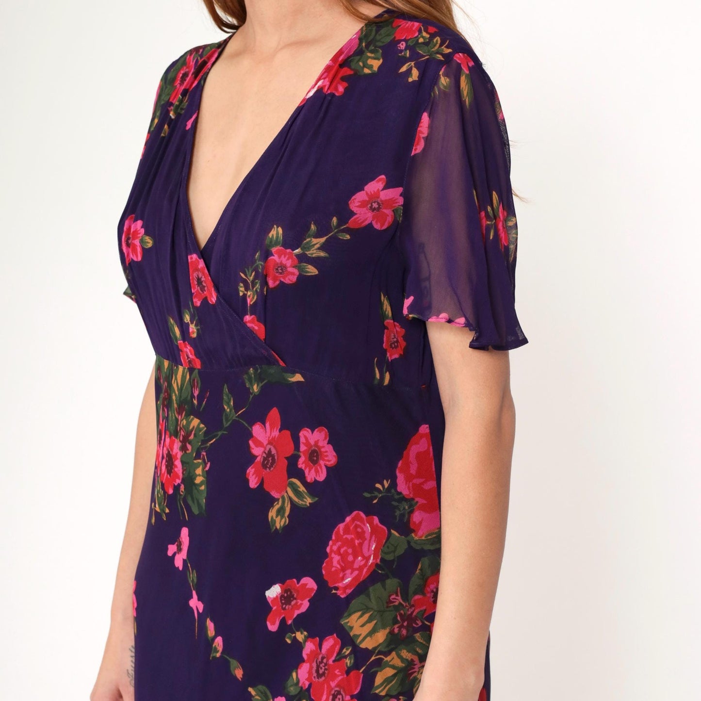 Y2K Purple Floral Chiffon Maxi Dress Flutter Sleeve High Waist V Neck Large L