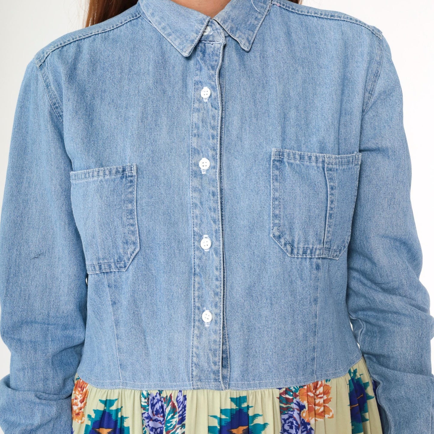 90s Floral Denim Maxi Dress Blue Chambray Southwest Button-Up Small