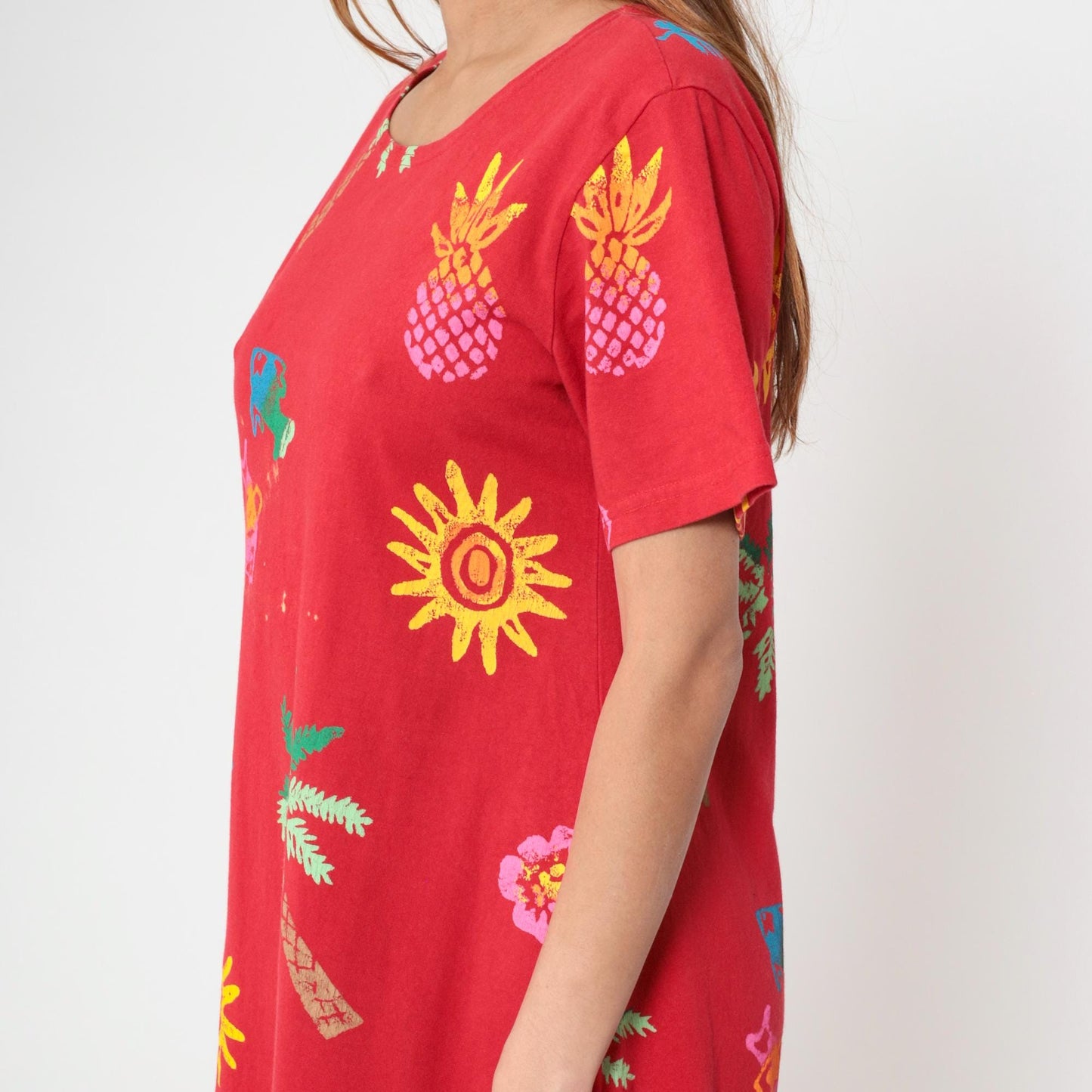 90s Coconut Bay Fish Print Midi Dress Red Tropical Shift Medium