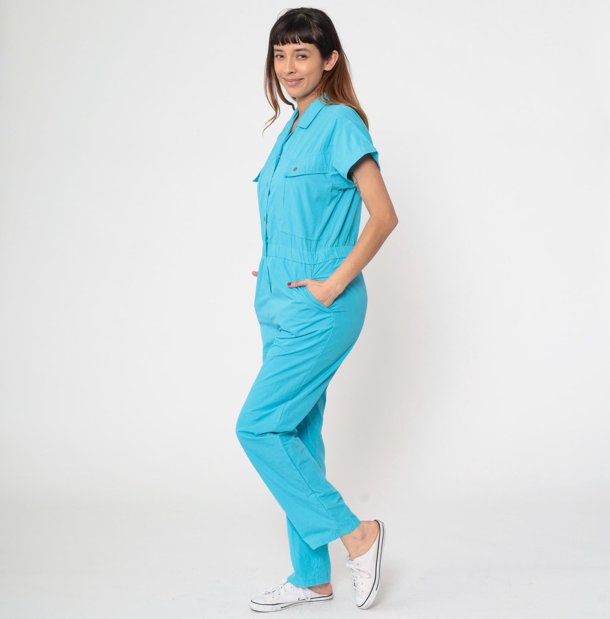 80s Turquoise Jumpsuit Snap Button High Waist Tapered Leg Small S