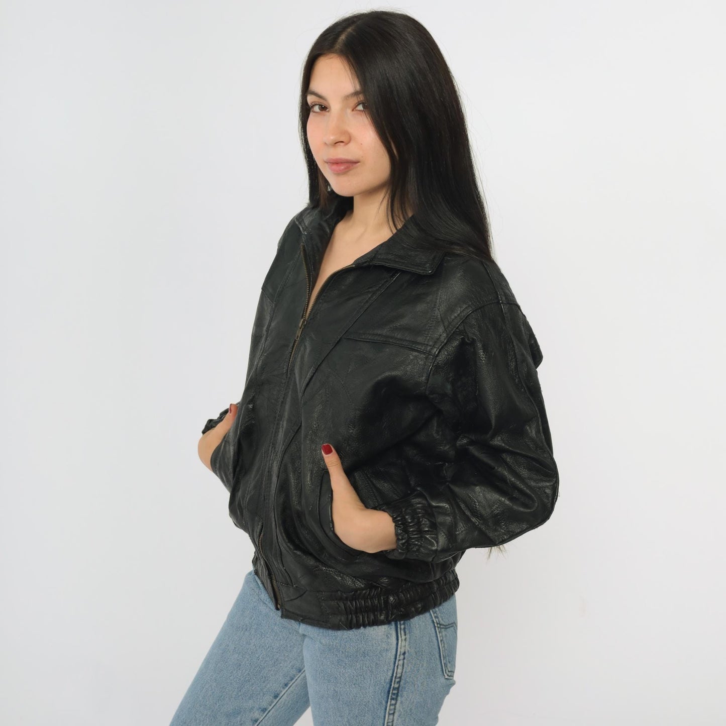 90s Elias de Soto Black Patchwork Leather Bomber Jacket Women's Large