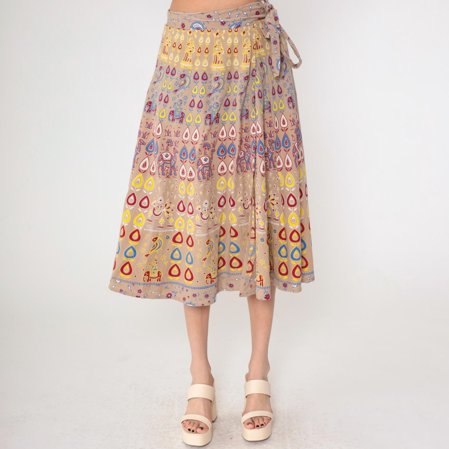 90s Indian Wrap Skirt Camel Floral Print Midi Cotton Small-Large