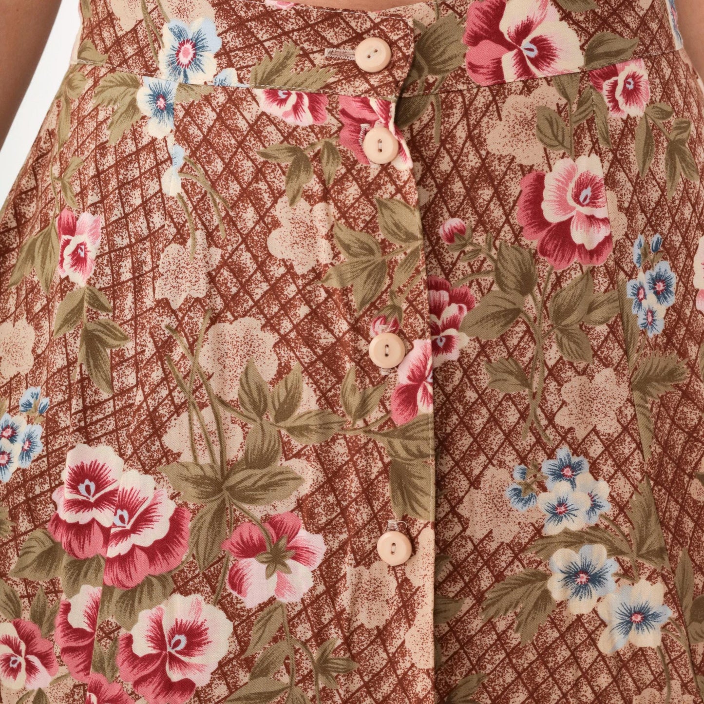 90s Sag Harbor Floral Midi Skirt Brown Checkered Button Front Medium M