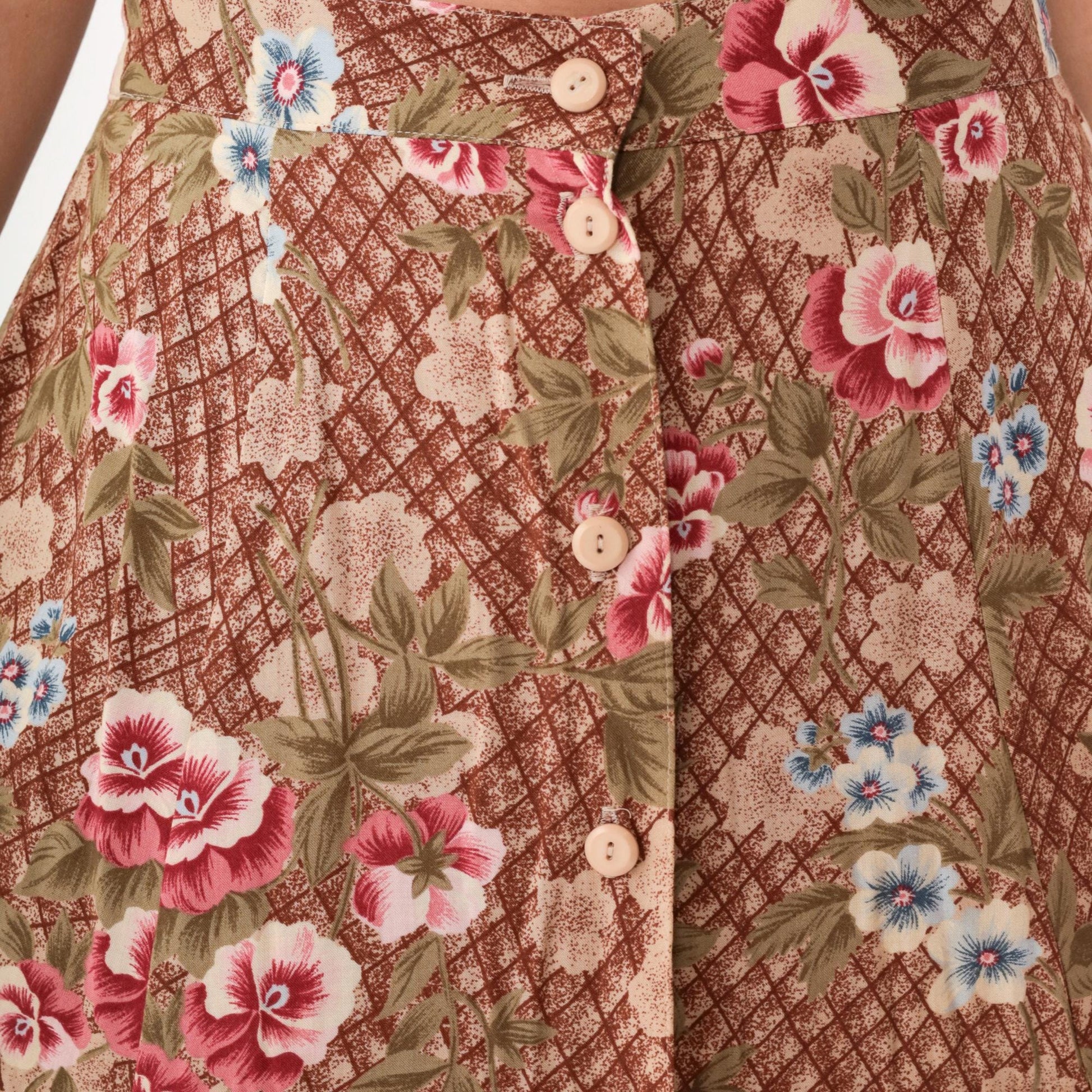 90s Sag Harbor Floral Midi Skirt Brown Checkered Button Front Medium M