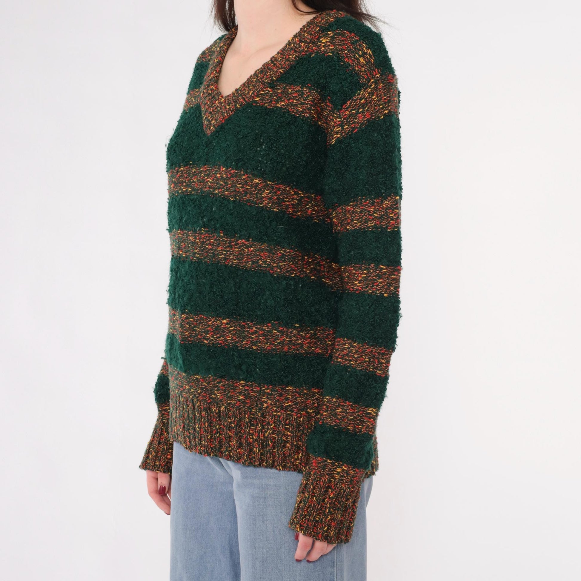 80s Left Bank Forest Green Striped Slub Knit Sweater V-Neck Medium M