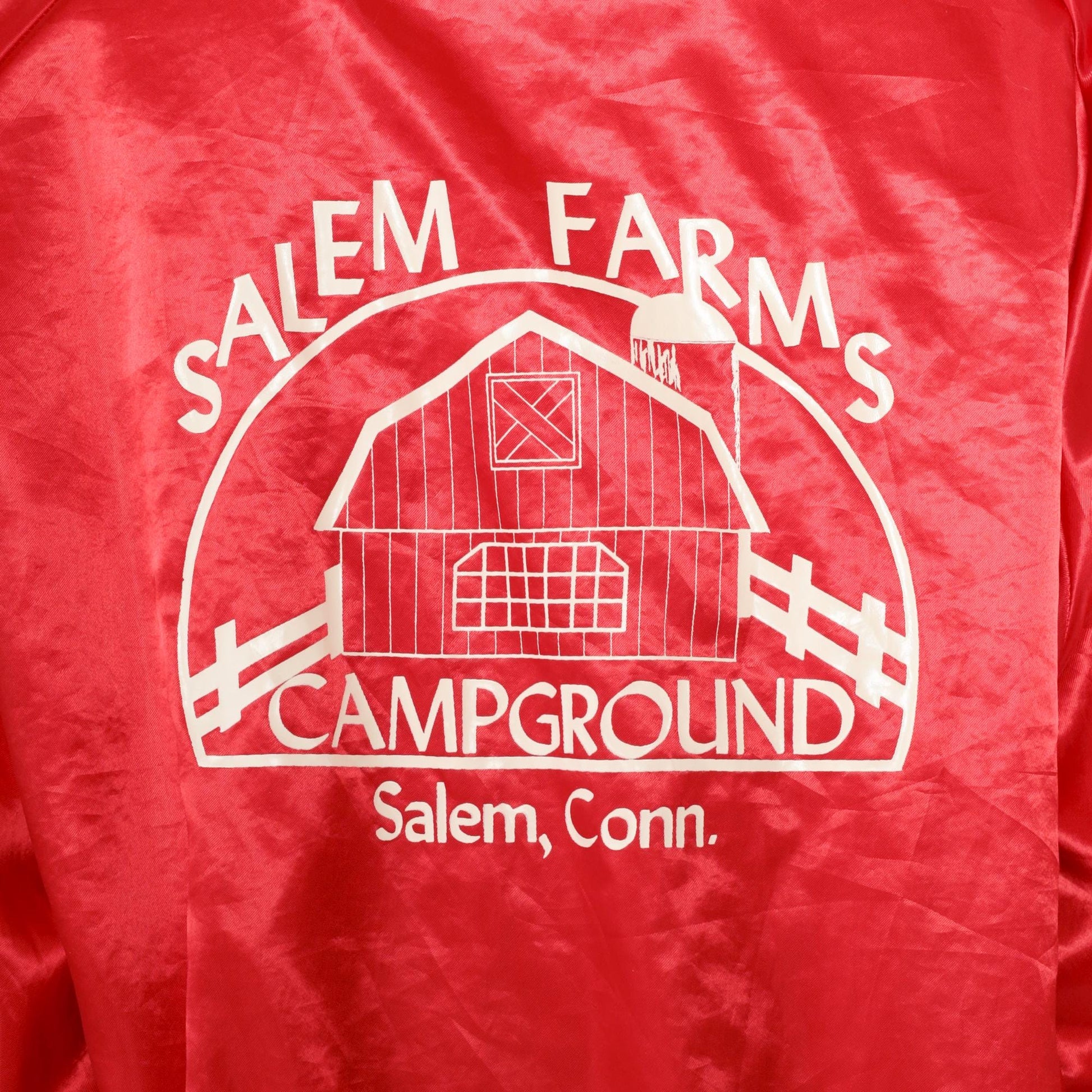 80s Red Satin Bomber Jacket Salem Farms Campground Connecticut Graphic Men's Large