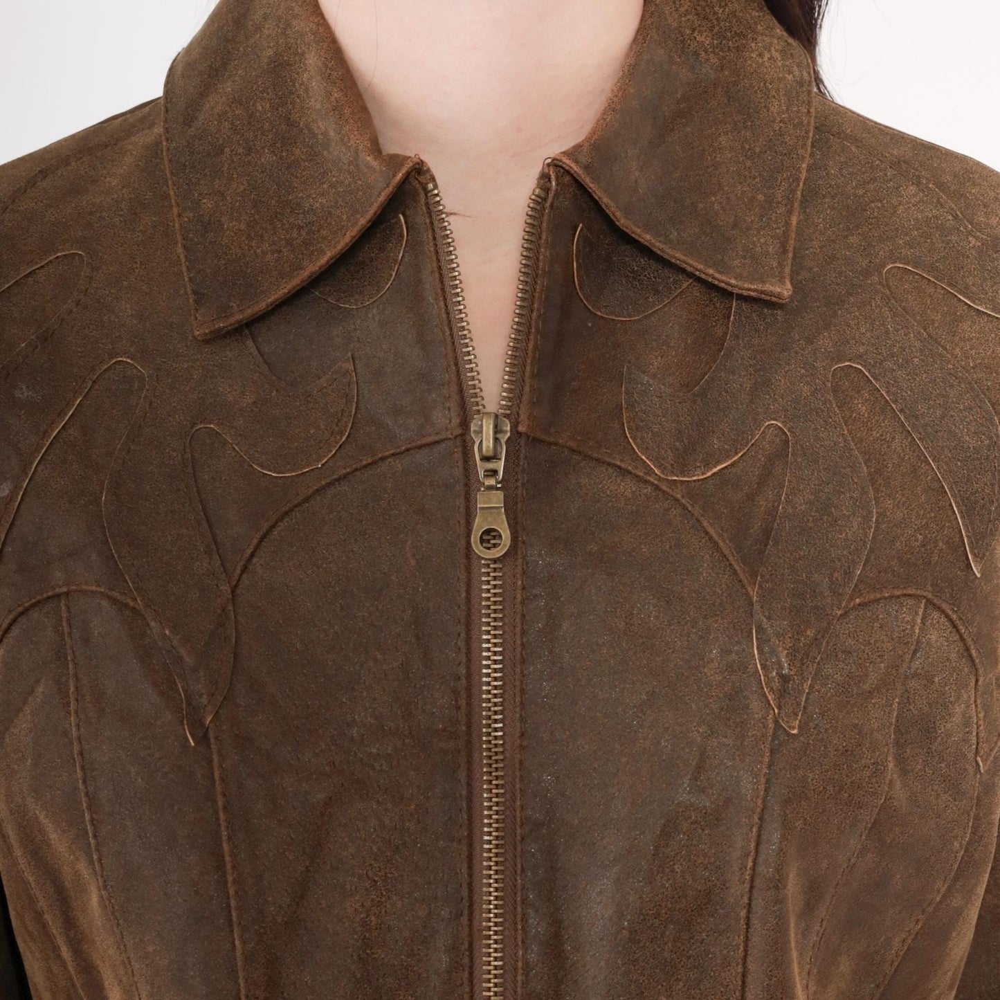 Y2K Brown Leather Moto Jacket Western Flame Applique Fitted Zip Small S