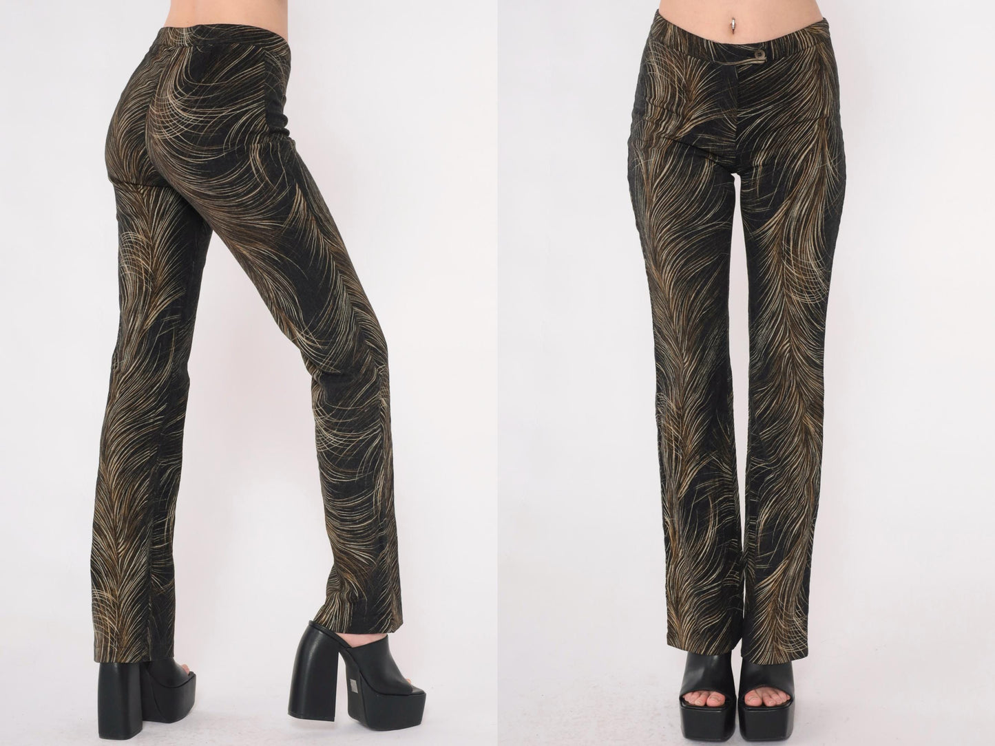 Y2K Cache Feather Print Flared Pants Brown Mid Rise Extra Small
