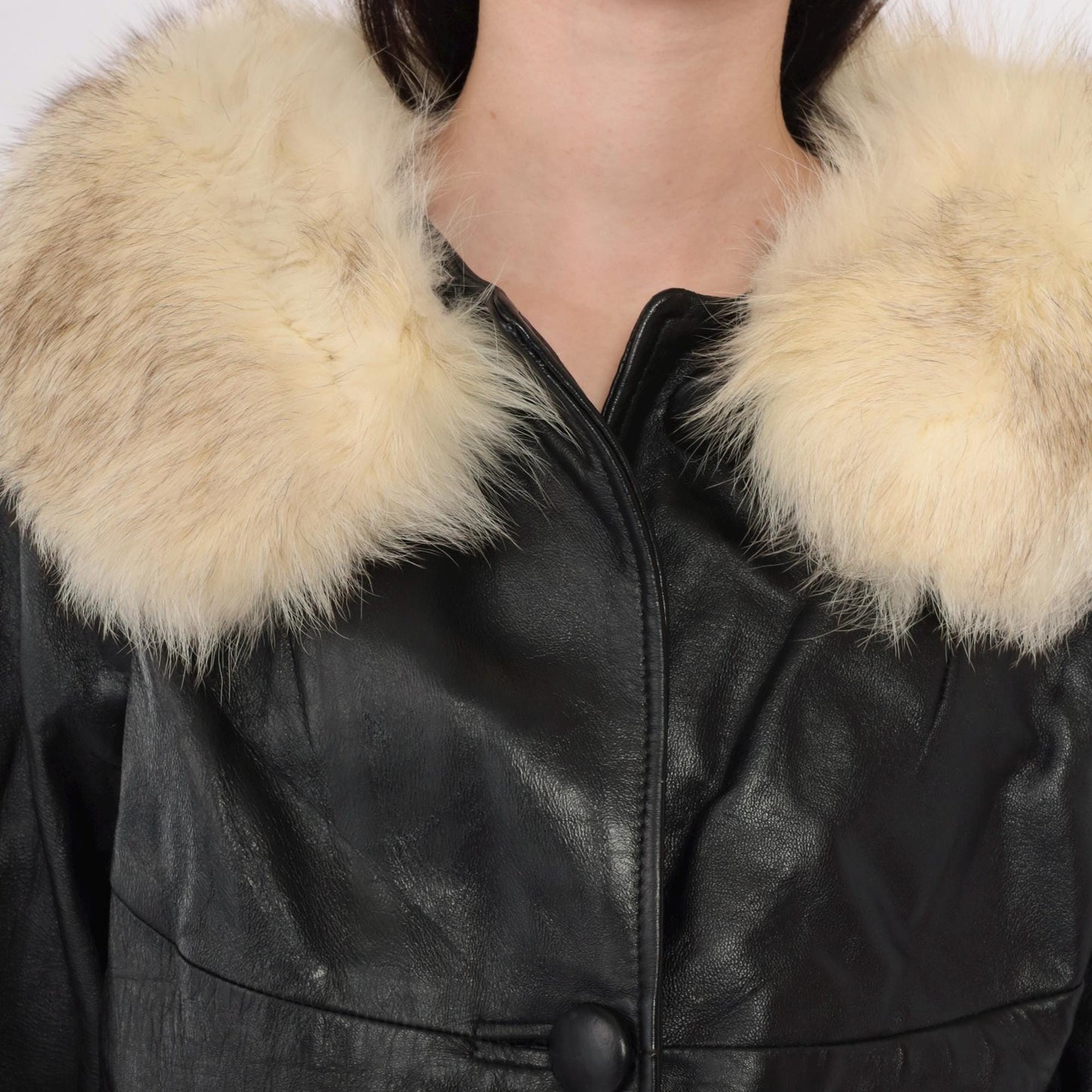 70s Black Leather Jacket Fur Collar Cuffs Button Front Medium