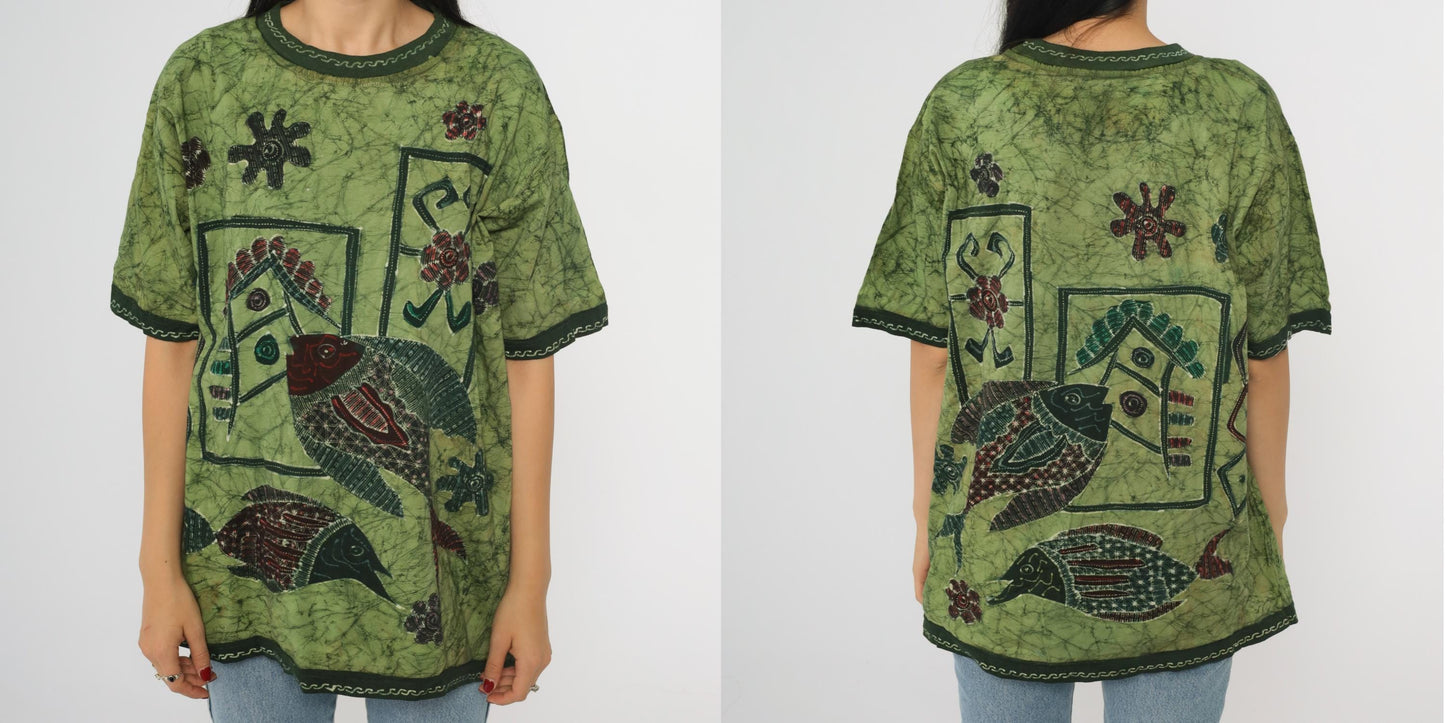 Y2K Batik Fish Graphic T-Shirt Green Floral Crewneck Medium Large