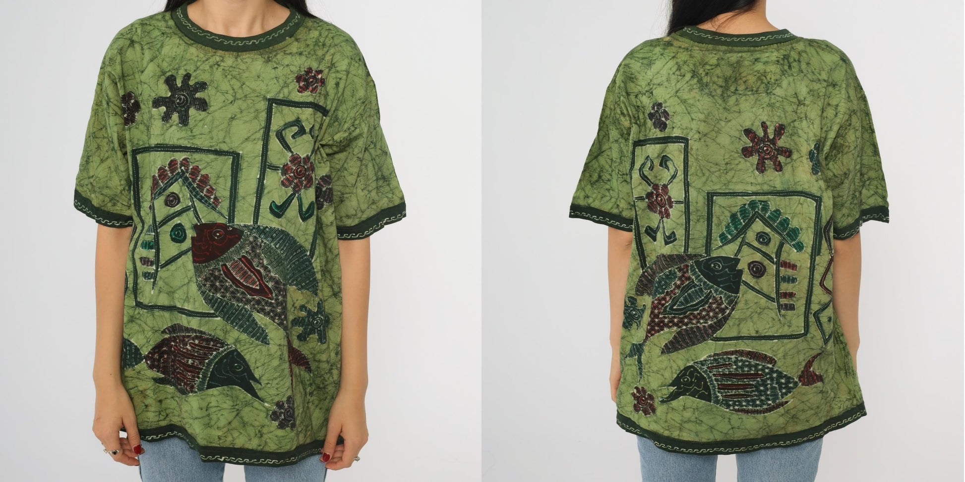 Y2K Batik Fish Graphic T-Shirt Green Floral Crewneck Medium Large