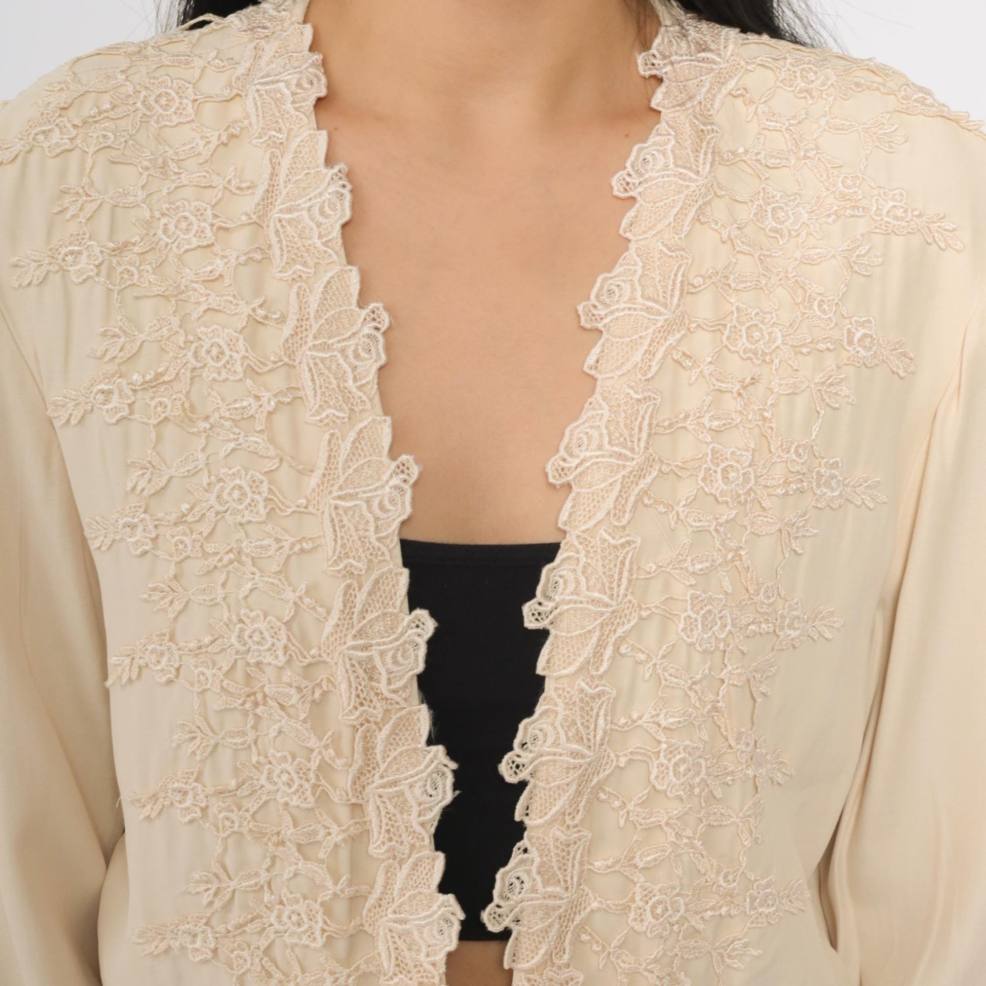 90s Wild Rose Cream Cardigan Floral Embroidered Lace Trim Long Sleeve Medium